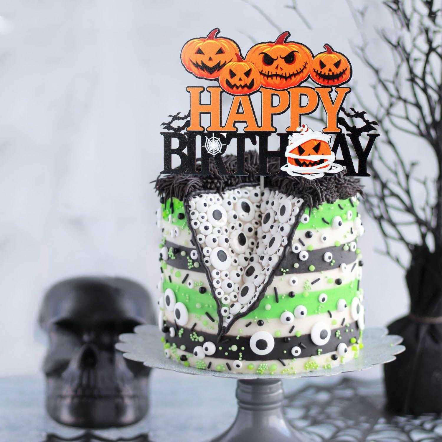 LHCING Halloween Happy Birthday Cake Topper - Halloween Birthday Pumpkins Black Glitter Cake Topper - Halloween Kids Birthday Party Friday The 13th Party Cake Derocation