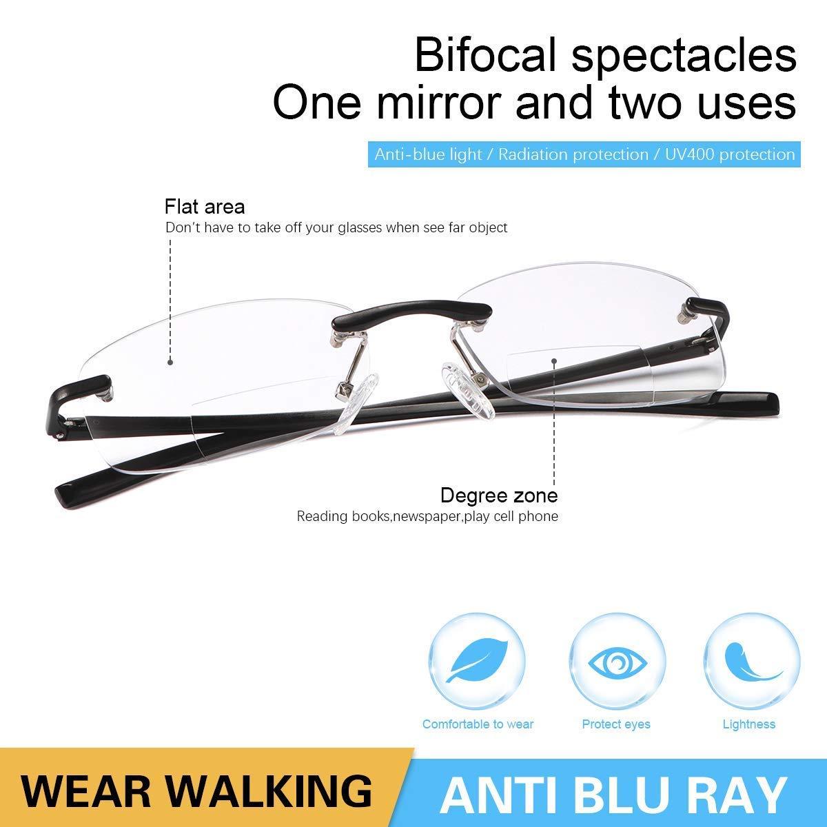 MIRYEA MIRYEA 1.5X Magnification Progressive Multifocal Reading Glasses Blue Light Blocking Computer Readers + Rimless Bifocal Anti Blue Light Reading Glasses Anti Glare Eye Strain Spring Hinge Eyewear