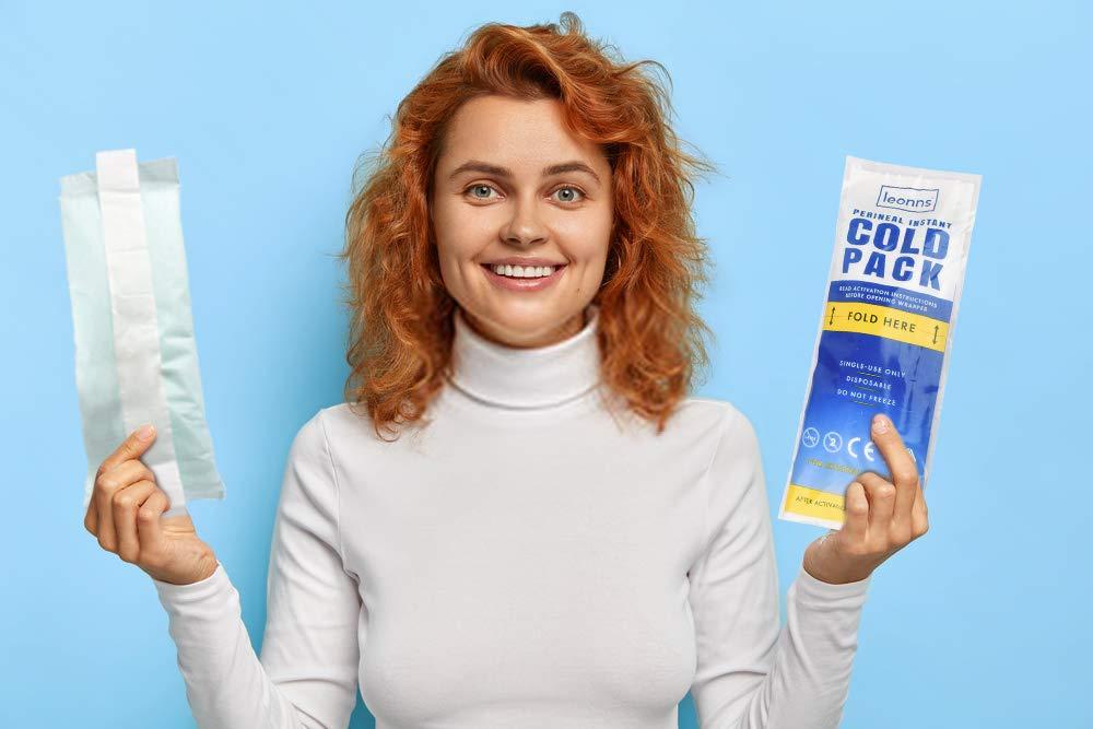 LEONNS Perineal Ice Packs for Postpartum w/Adhesive Strip | Perineal Cold Pack - 2 in 1 Ice Pack Pads for After Birth - Instant Ice Maxi Pads (24)