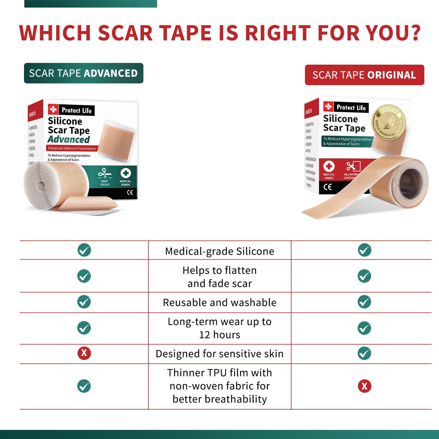 Protect Life Medical Grade Silicone Scar Tape Advanced Adhesive Formulation (1.6" x 118") Scar Removal Away Strips for Surgical Scars, Silicone Tape & Keloid Scar Treatment, Reusable Silicone Scar Sheets