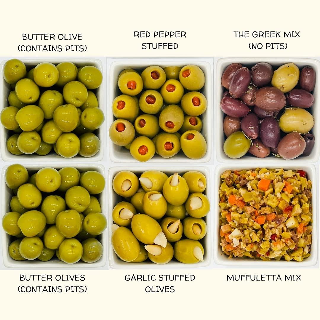 Olive My Pickle Olive My Pickle Live Culture Probiotic Mixed Olives - 6 Pack Olives Individual Packs of Butter Green Pitted Olives, Red Pepper & Garlic Stuffed Green Olives, Greek Olives Mix, Muffuletta Olive Salad