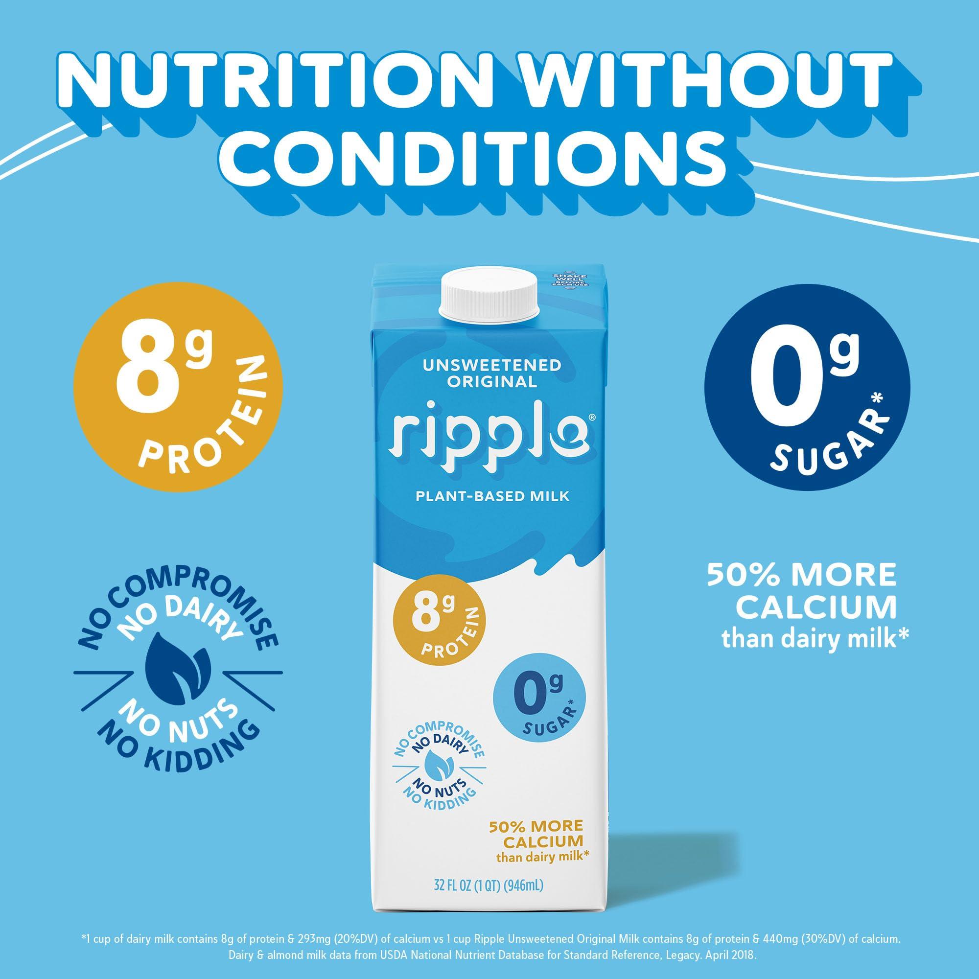 Ripple Ripple Unsweetened Original Plant Based Milk | 8g of Quality Sourced Pea Protein, Calcium Rich | Shelf Stable | Vegan, Non GMO | Dairy, Soy, Nut, & Gluten Free | 32 Fl Oz Cartons (Pack of 6)