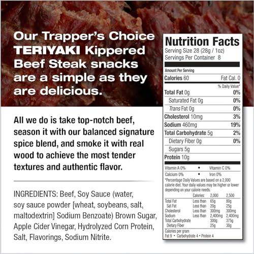 Old Trapper Old Trapper, Trapper\'s Choice Teriyaki Kippered Beef Steak, Eight-Ounce Individual Package, Savory Sweet Meat Snacks, 10 Grams of Protein and 60 Calories Per Serving (Pack of One)