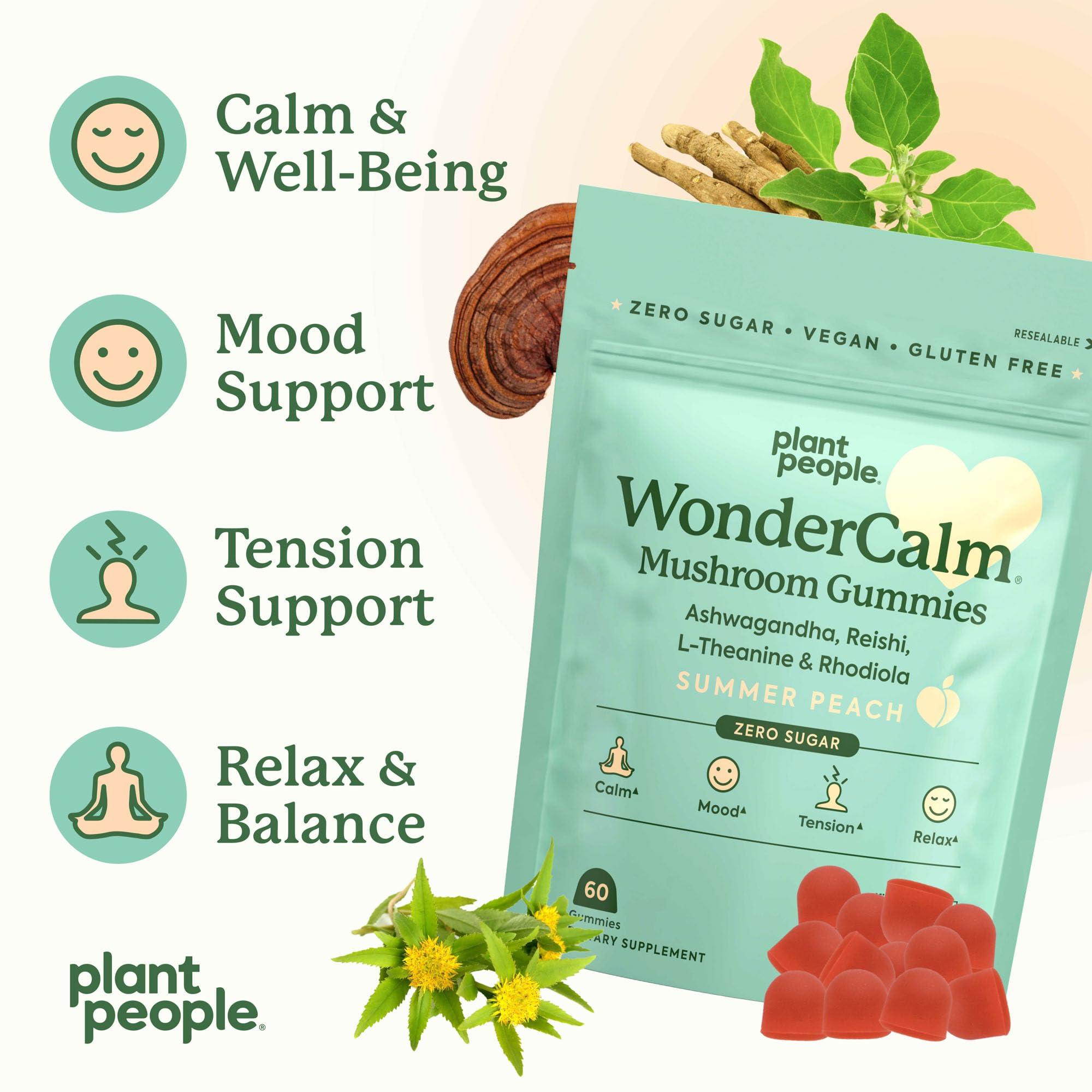 Plant People Plant People WonderCalm Mushroom Gummies - Natural Ashwagandha Supplement to Ease Stress & Boost Mood for Adults without Sugar, Gluten or Artificial Colors, Vegan-Friendly, Peach Flavor, 60 Count