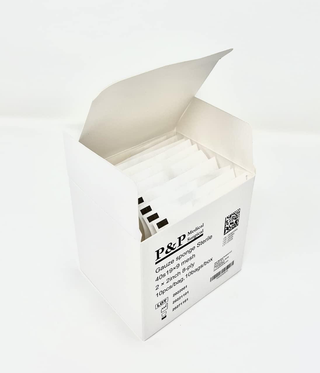 P&P Medical Surgical Gauze Surgical Sponges Cotton STERILE Woven 8-ply High Grade Quality 2\"x2\" Class I(a) All Purpose Pads Box of 100