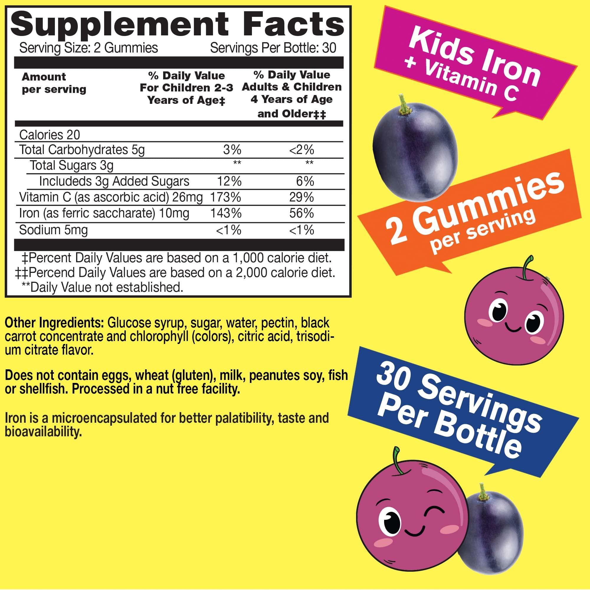 WellYeah WellYeah Iron Gummies for Kids with Vitamin C - Anemia Support, Red Blood Cell Formation, Energy, and Immunity Support Gummy, Iron Supplements for Kids - GMO Free, Natural Grape Flavor - 60 Count