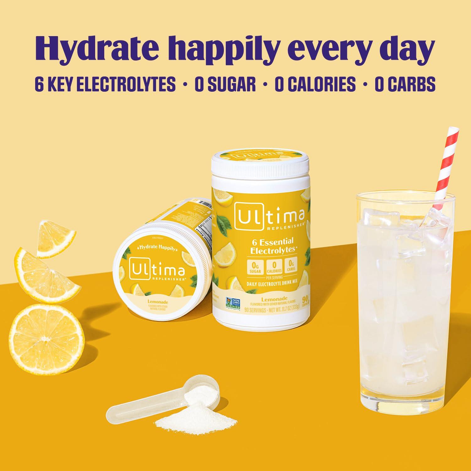 Ultima Replenisher Ultima Replenisher Daily Electrolyte Powder Drink Mix  Lemonade, 90 Servings  Hydration Powder with 6 Key Electrolytes and Trace Minerals  Keto Friendly, Vegan, Non-GMO and Sugar-Free