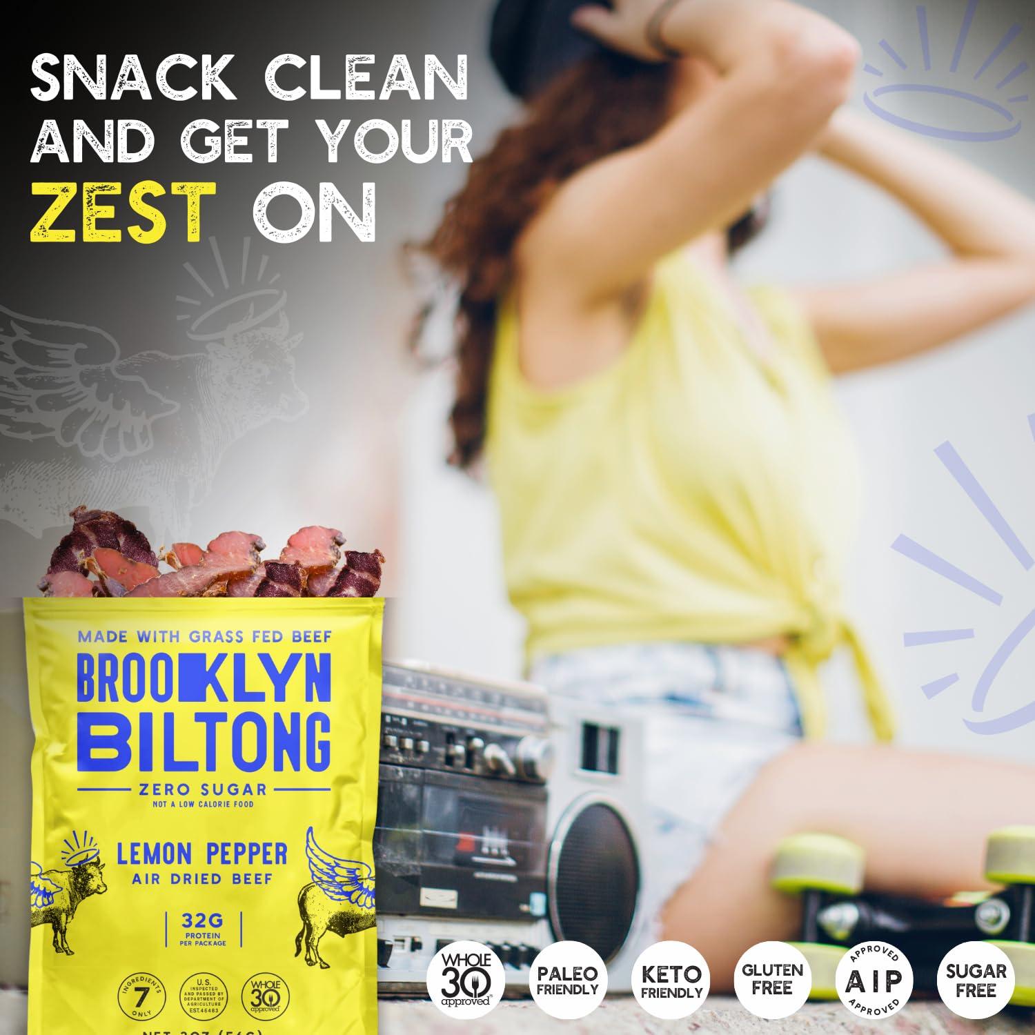 Brooklyn Biltong Brooklyn Biltong Air Dried Grass Fed Beef Snack, South African Beef Jerky (8oz, Pack of 2) - Whole30 Approved, Paleo, Keto, Gluten Free, Sugar Free, Made in USA - (Lemon Pepper)