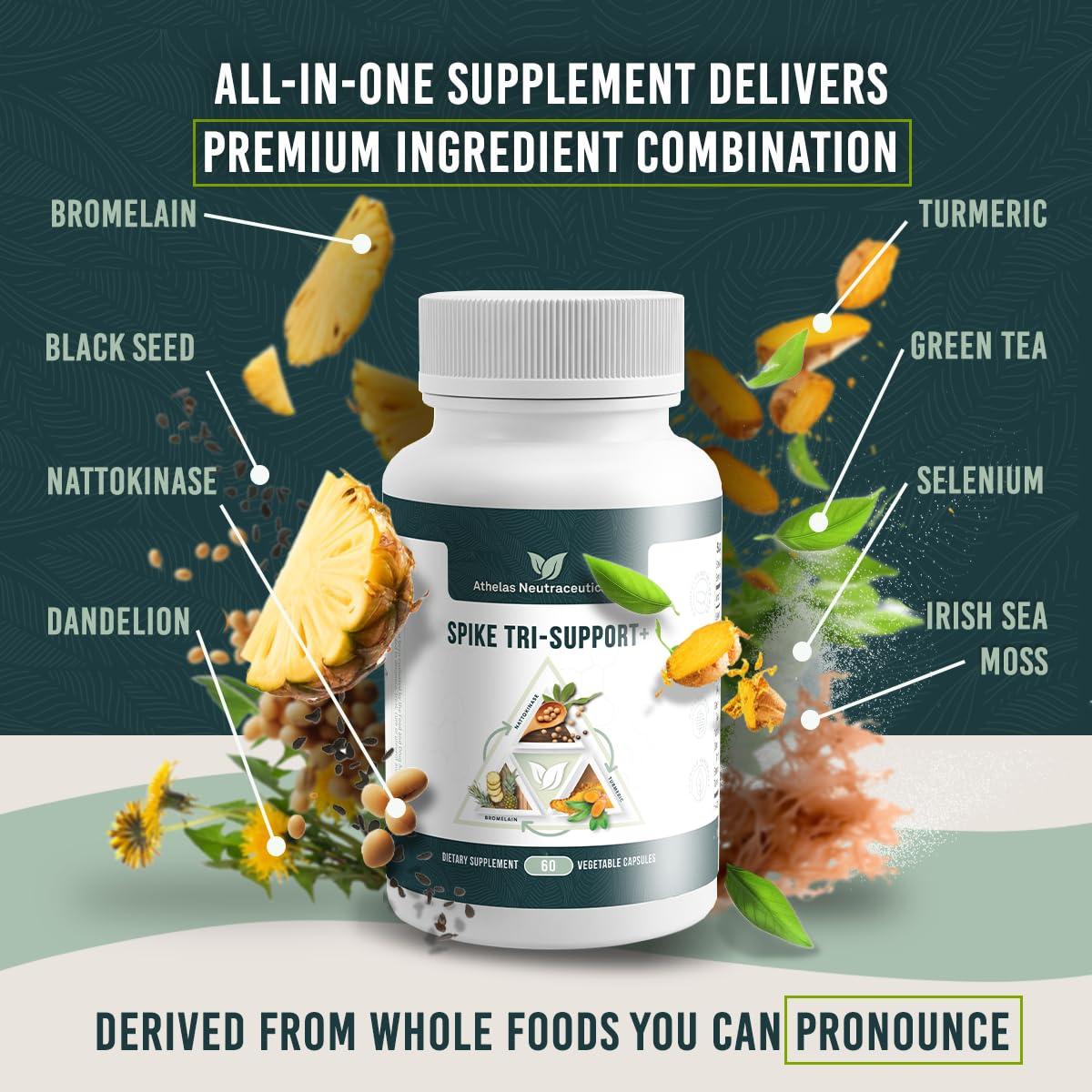 Athelas Neutraceuticals Spike Tri-Support+ with Nattokinase, Bromelain, and Turmeric - Includes Dandelion Extract, Black Seed Extract, Green Tea Leaf, Selenium for A Full Spectrum Spike Support Supplement