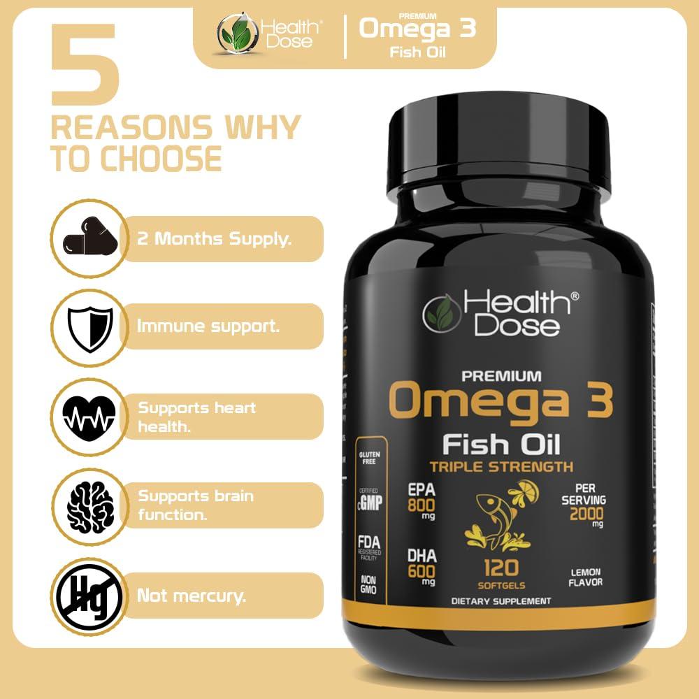 Health Dose Health Dose Omega 3 Fish Oil  Lemon-Flavored Softgels with EPA & DHA for Brain, Heart, and Wellness Support  Easy-to-Digest, No Fish Burps  120 Softgels, 2-Month Supply
