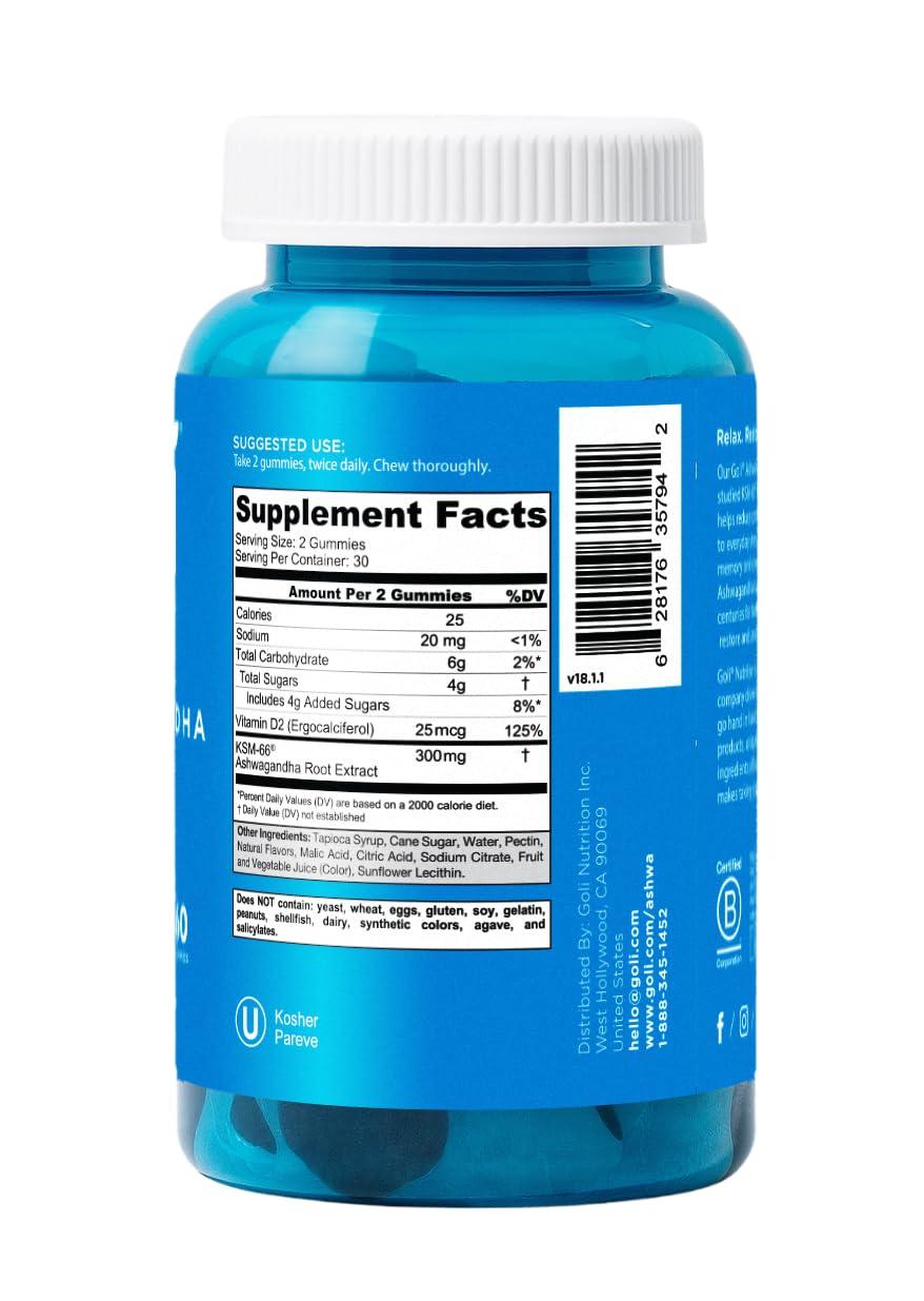 Goli Goli Ashwagandha & Vitamin D Gummy 120 Count - Relax. Restore. Unwind. (Mixed Berry, KSM-66, Vegan, Plant Based, Non-GMO, Gluten-Free & Gelatin Free), Pack of 2