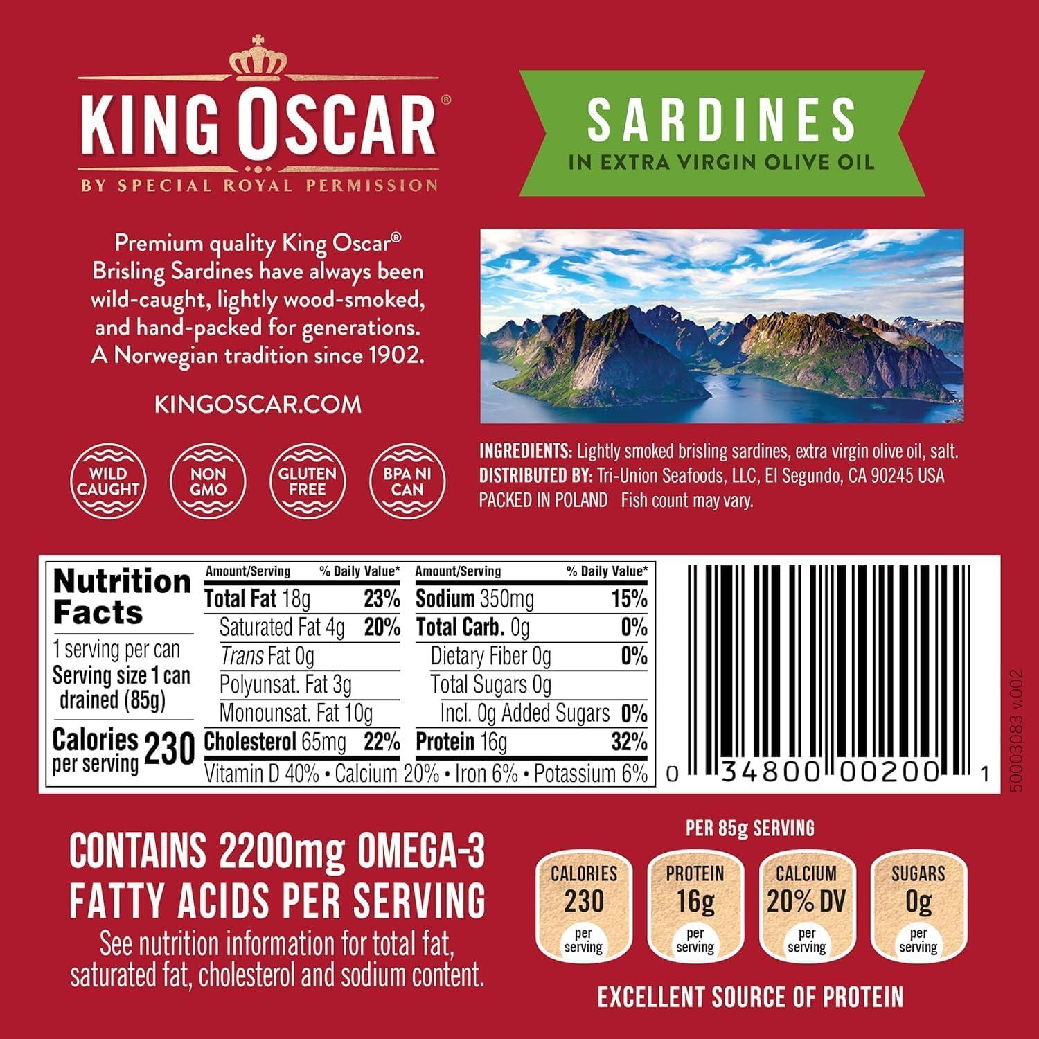 King Oscar King Oscar Sardines Extra Virgin Olive Oil, 3.75-Ounce Cans (Pack of 12)