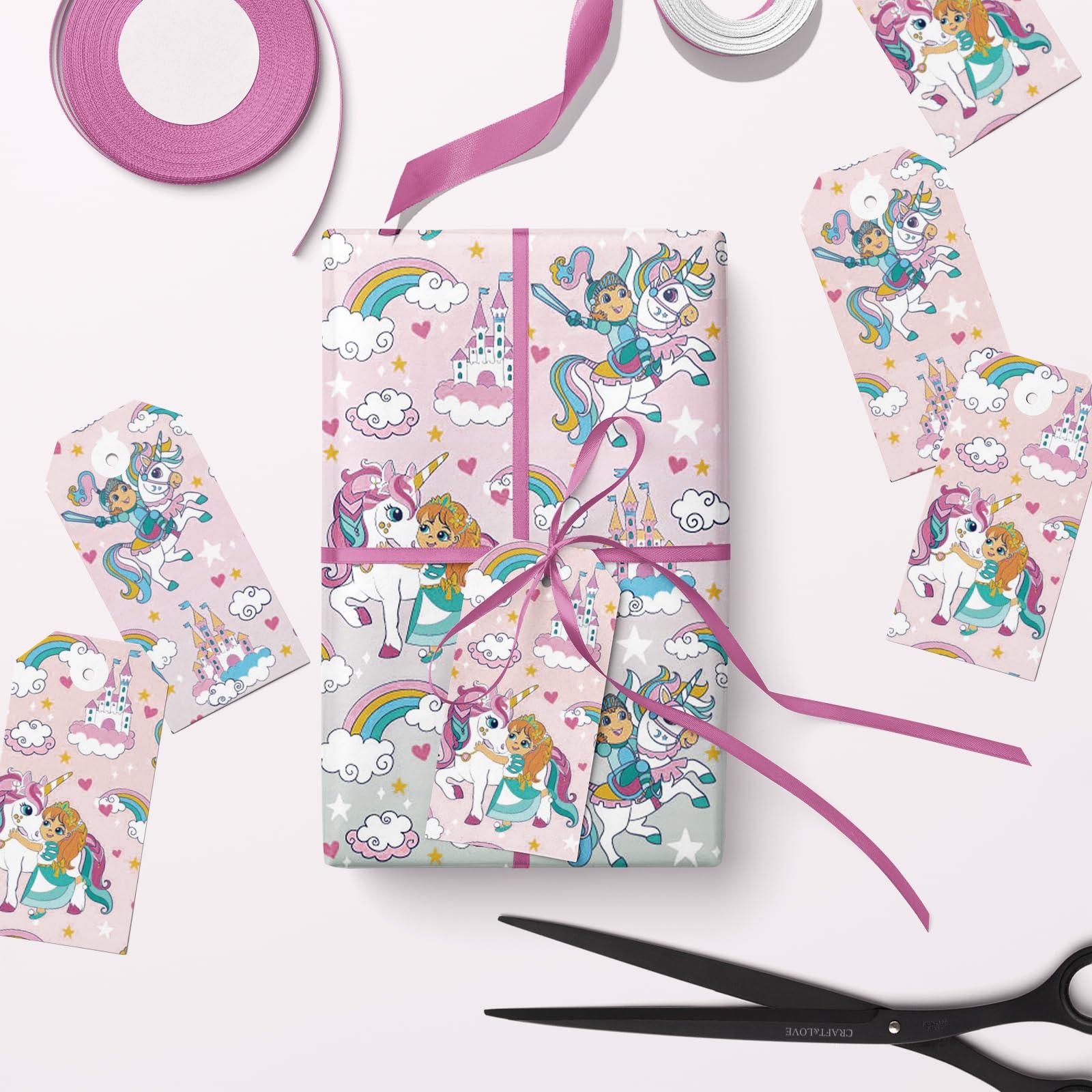 LeZakaa LeZakaa Unicorn Birthday Wrapping Paper Roll for Kids Girls Women, Purple Unicorn Wrapping Paper Rolls, Castle & Rainbow Gift Wrap for Birthday, Baby Shower Party Favor, 17 x 120 inches, 3 Rolls