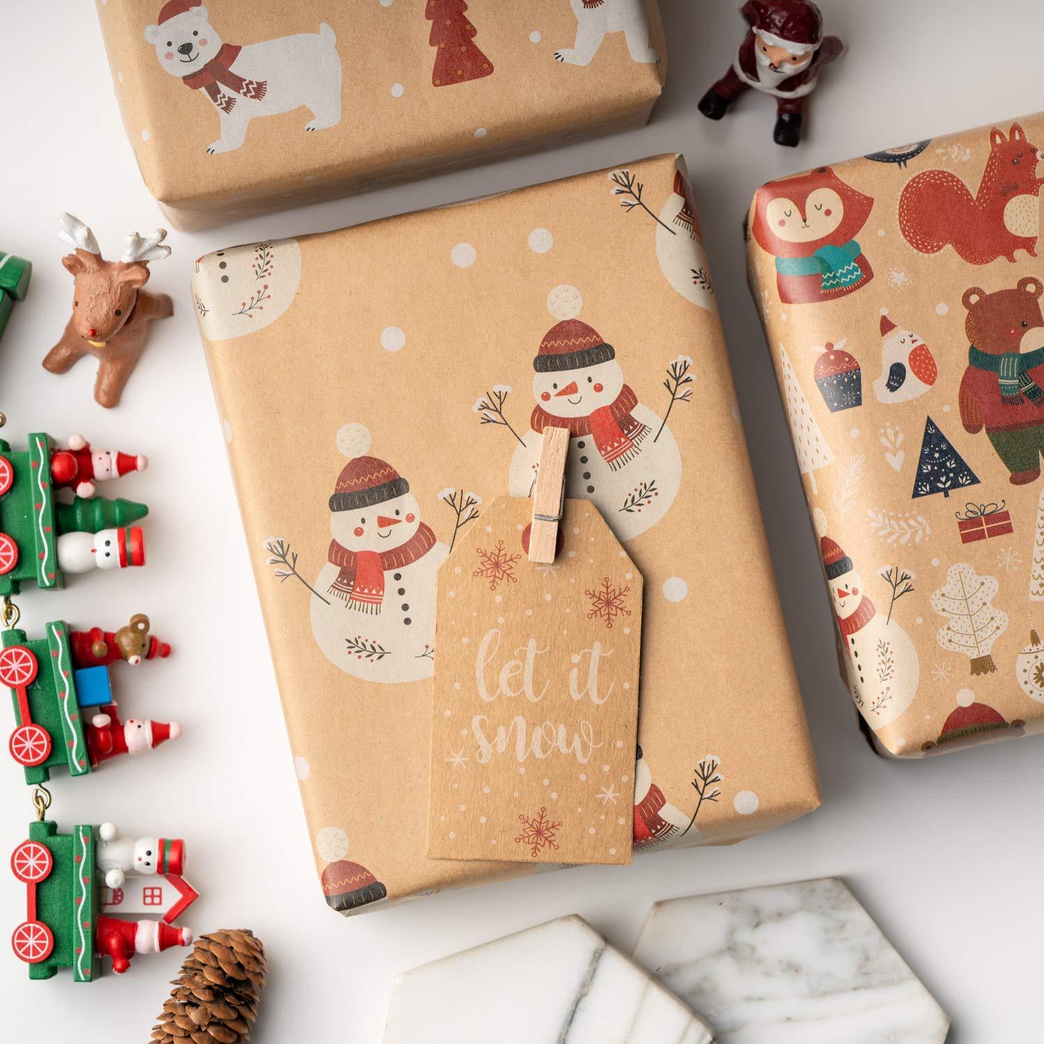 RUSPEPA RUSPEPA Christmas Kraft Wrapping Paper Santa Claus Xmas Theme Elements Great for Christmas, Birthdays, Holiday, Baby Shower - 6 Sheets Packed as 1 roll - 17.5 x 30 inches per Sheet