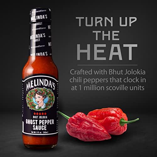 Melinda's Melinda’s Ghost Pepper Hot Sauce - Gourmet Extra Spicy Hot Sauce - Made with Fresh Ingredients, Ghost Peppers (Bhut Jolokia), Habanero Pepper, Carrot, Garlic, Lime Juice - 5oz, 4 Pack