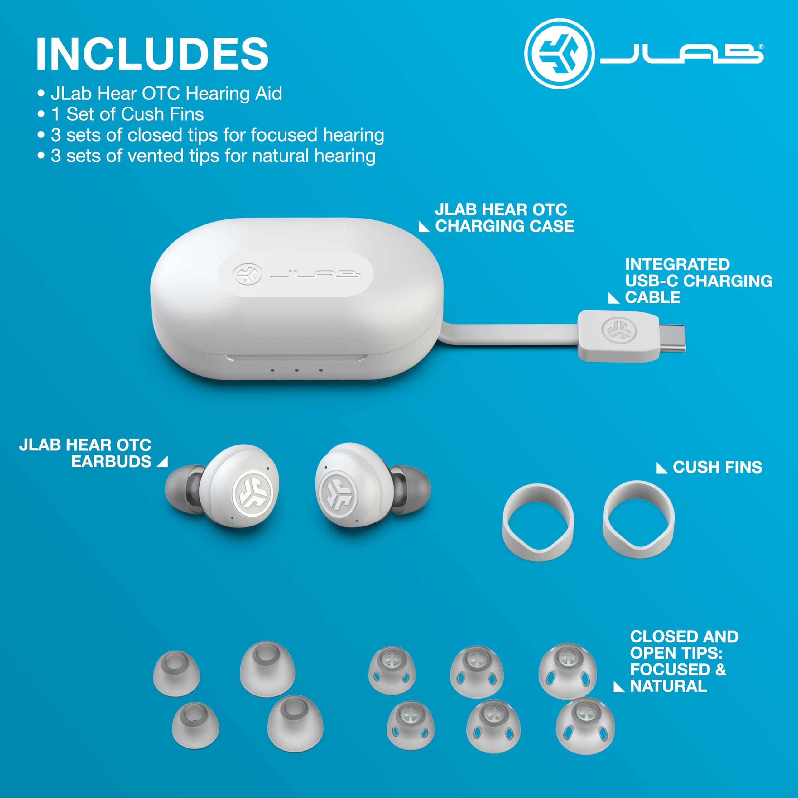 JLab JLab Hear OTC Hearing Aid & Earbuds, Cloud White, Traditional Earbud Fit, Four Preset Hearing Modes, In-Ear Detection and Built-in Feedback Suppression, Independent Volume Control and Touch Controls