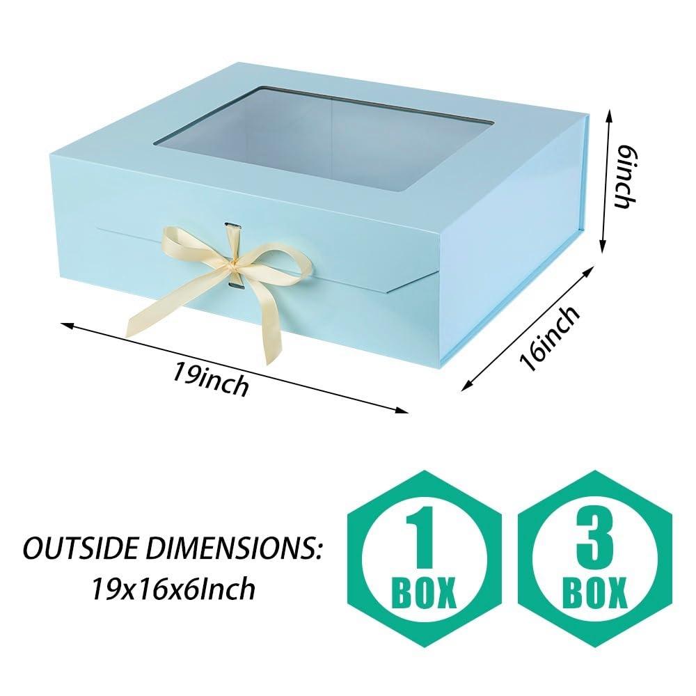 PLINJOY PLINJOY 3 Pcs Extra Large Blue Gift Box for Presents with Ribbon 19x16x6 Inches Clear Gift Box with Window Magnetic Closure Gift Boxes with Lids