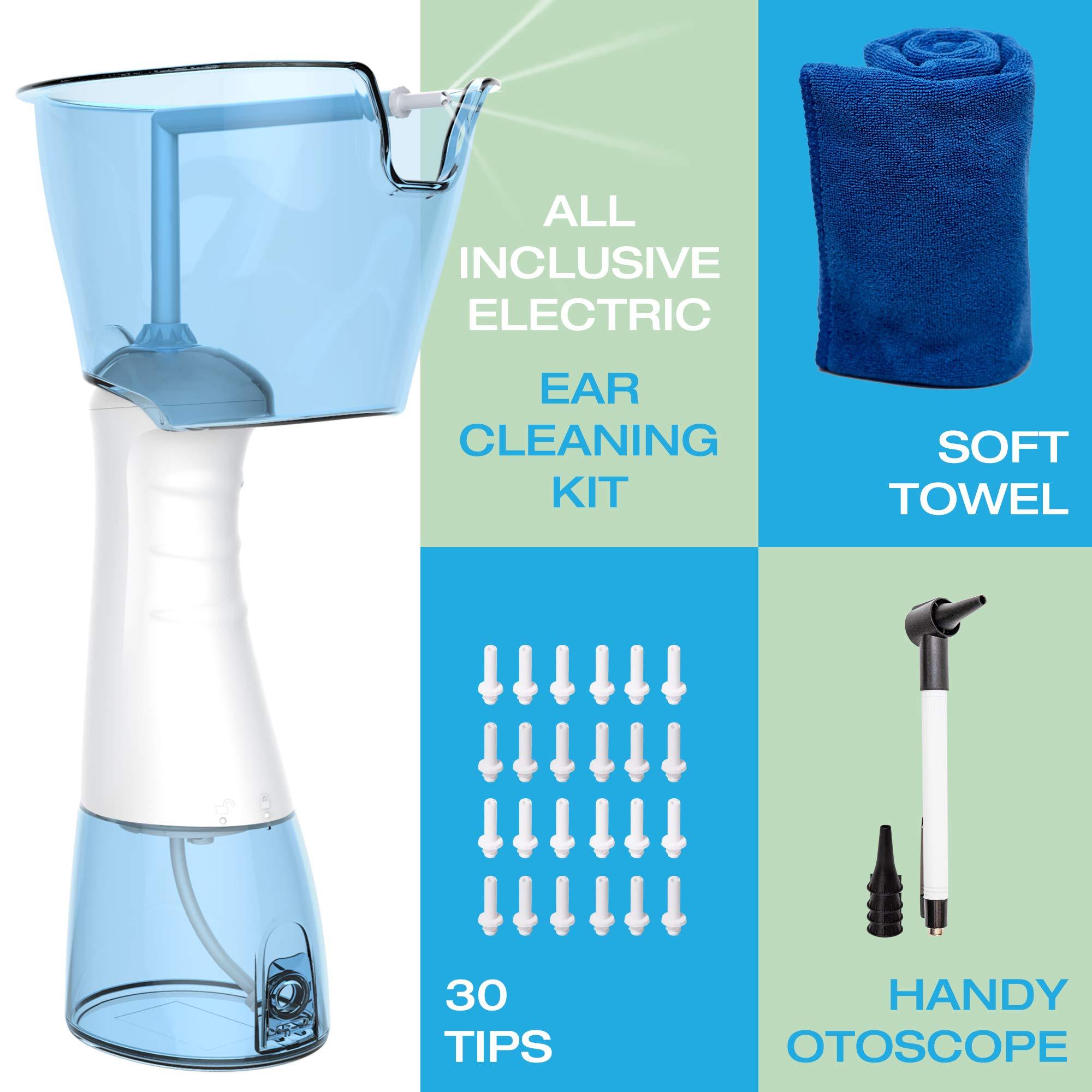 Tilcare Electric Ear Wax Removal Kit by Tilcare - Rechargeable Ear Cleaning Machine for Ear Irrigation - Complete Ear Flush Kit for Adults & Kids - Ear Lavage System with Otoscope, Microfibre Towel & 30 Tips