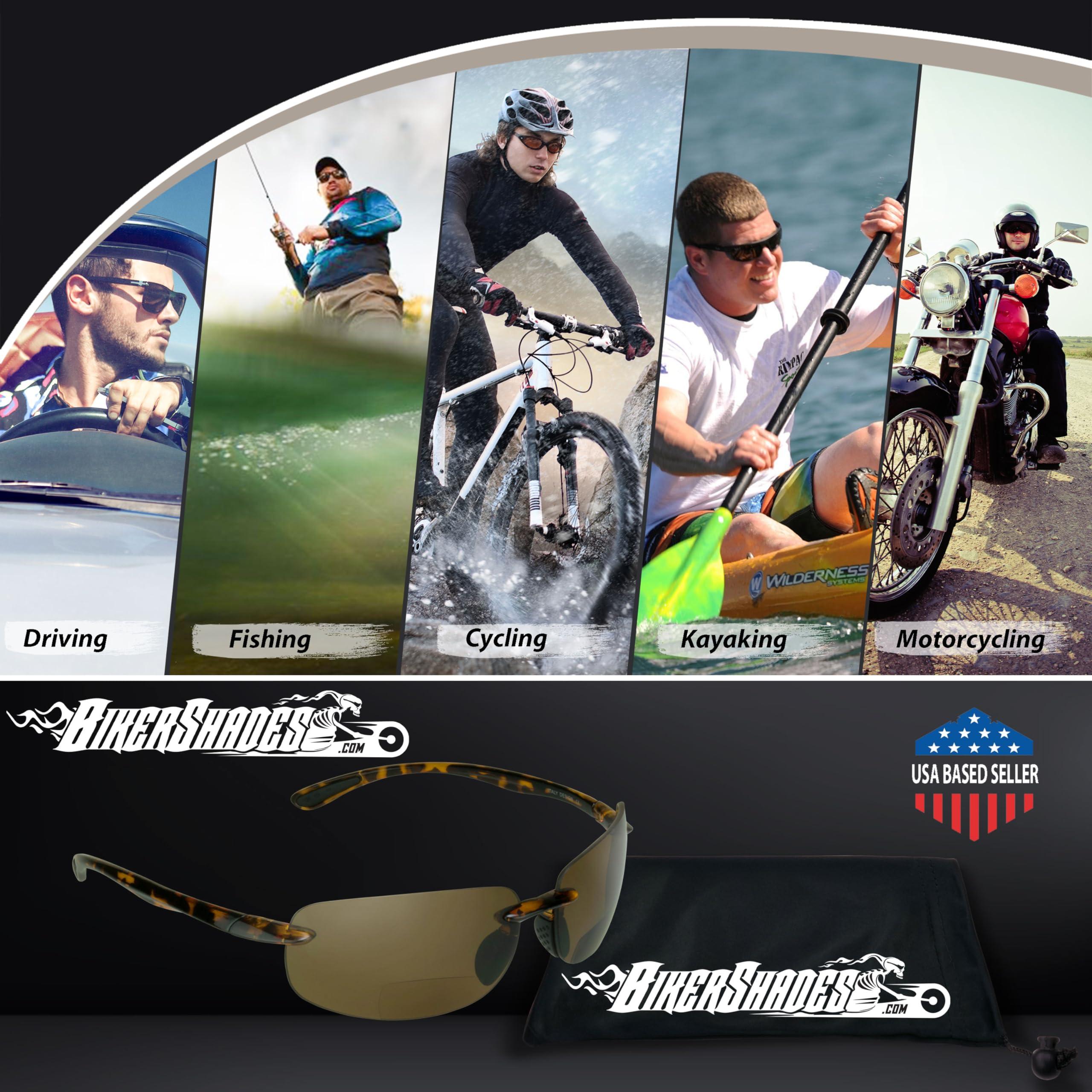 Bikershades Biker Armour Polarized Bifocal Reading +2.50 Sunglasses Semi Rimless Wrap Around Sport TR90 Black Frame Brown Lens