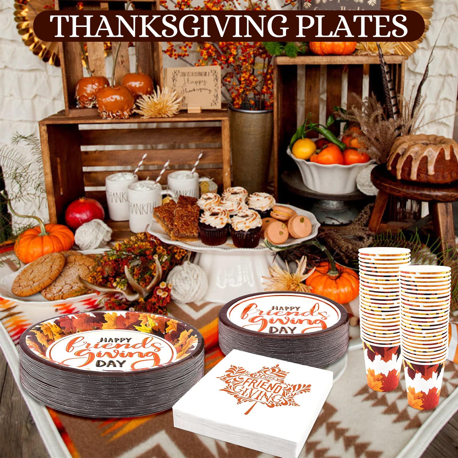 EPHYO 200 Friendsgiving Plates and Napkins Cups Serve 50, Happy Friendsgiving Decorations Party Supplies Thanksgiving Fall Leaves Autumn Disposable Paper Plates Luncheon Napkins Beverage Cups Dinnerware