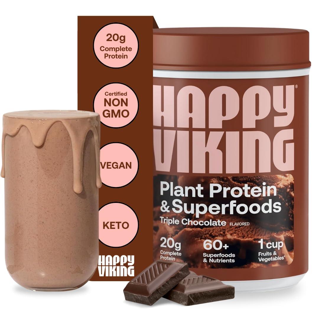 Happy Viking Happy Viking Triple Chocolate Protein + Superfoods Powder, Created by Venus Williams, 20G Protein, Low Carb, Keto, Vegan, Gluten-Free, Non-GMO, Complete Meal Replacement, 1 Canister (24 oz.)