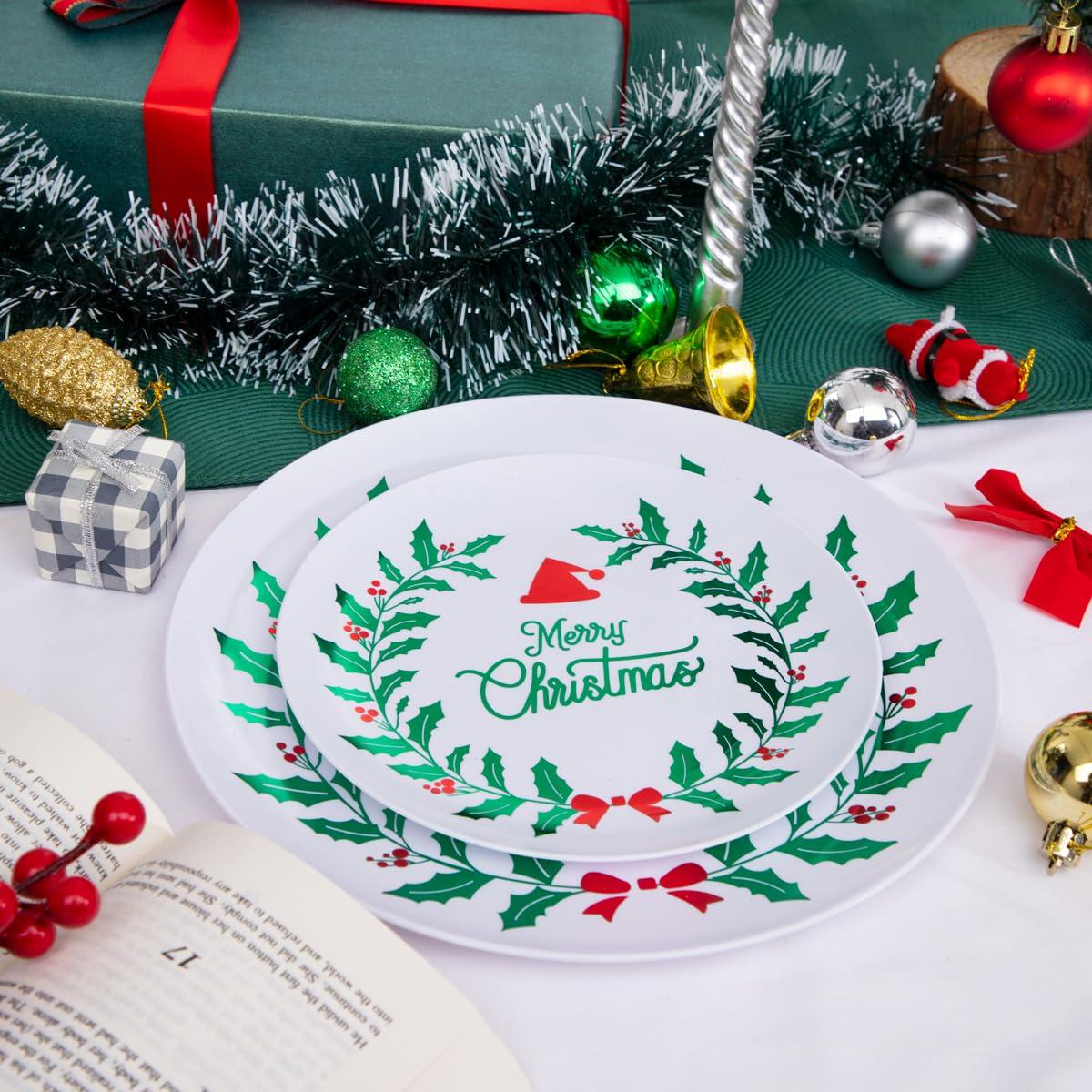 DaYammi DaYammi 60 PCS Christmas Plates White and Green Plastic Plates Red and Green Christmas Disposable Party Plates Include: 30 Christmas Dinner Plates 10.25\", 30 Dessert Plates 7.5\" for Christmas Party