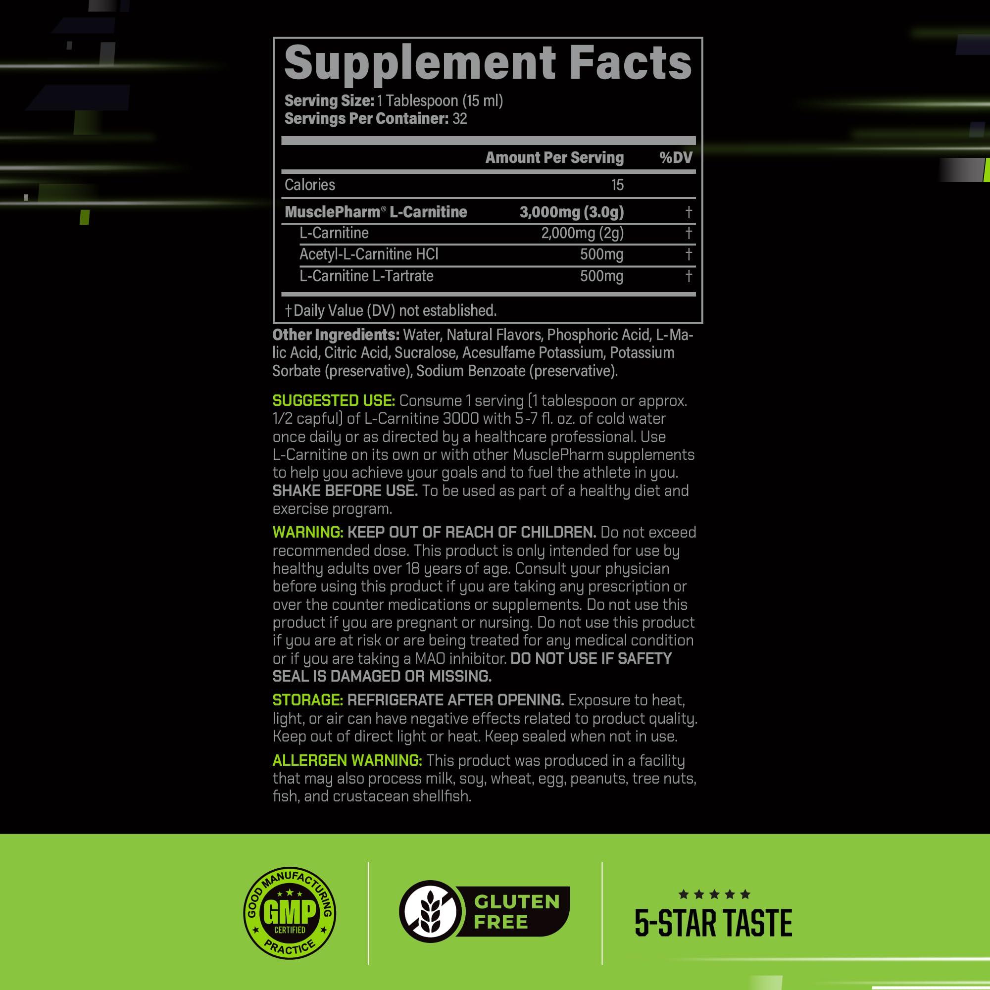 Muscle Pharm Muscle Pharm L-Carnitine 3000, The Ultimate Liquid L Carnitine Supplement for High-Performance, Supports Metabolism, Hydration & Energy, Zero Sugar/Calories, Peach Nectarine Flavor, 32 Servings