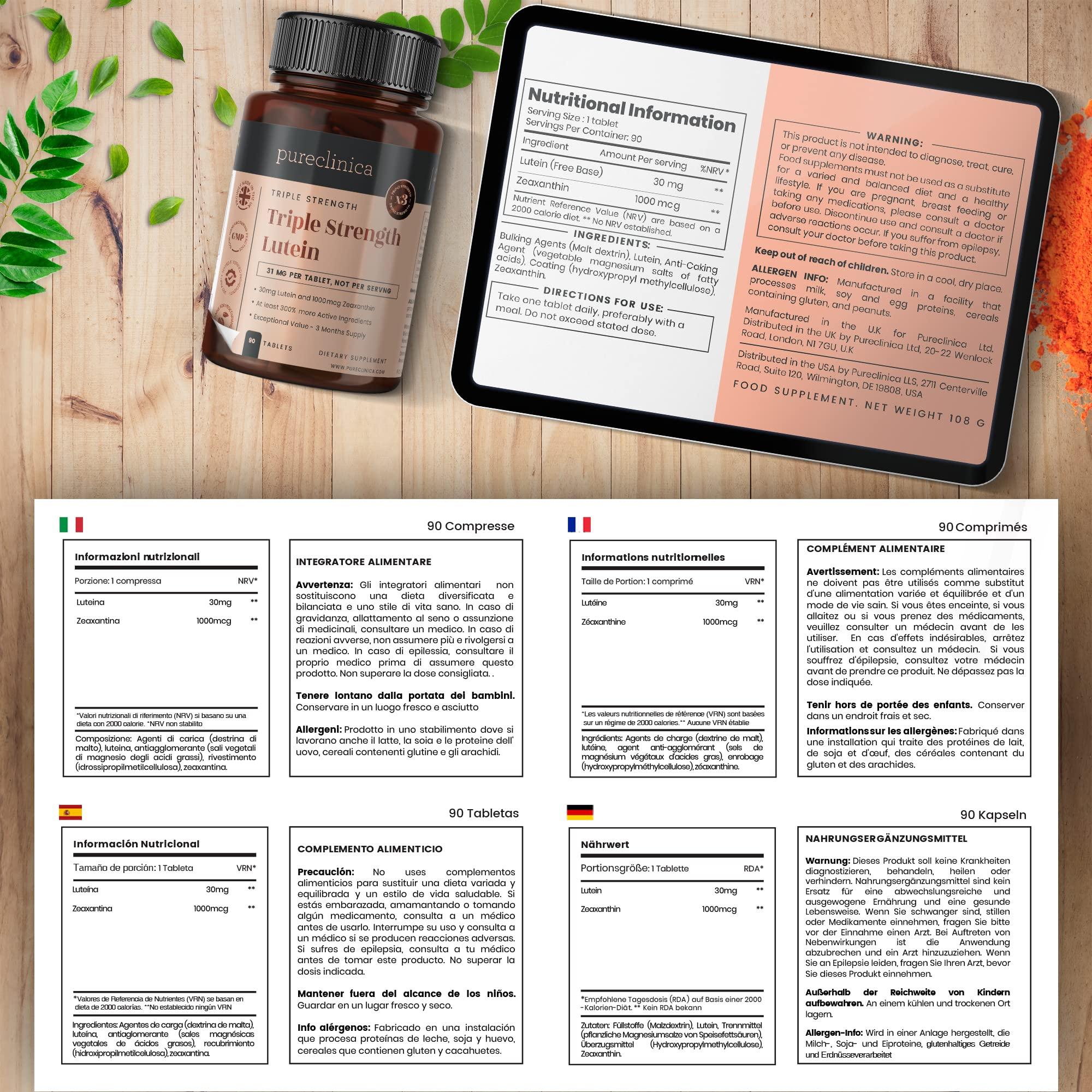 pureclinica pureclinica Lutein 30mg x 360 Tablets (4 Bottles with 90 Tablets in Each). with 1000mcg Zeaxanthin. 3 x The Strength of Regular Lutein Tablets.