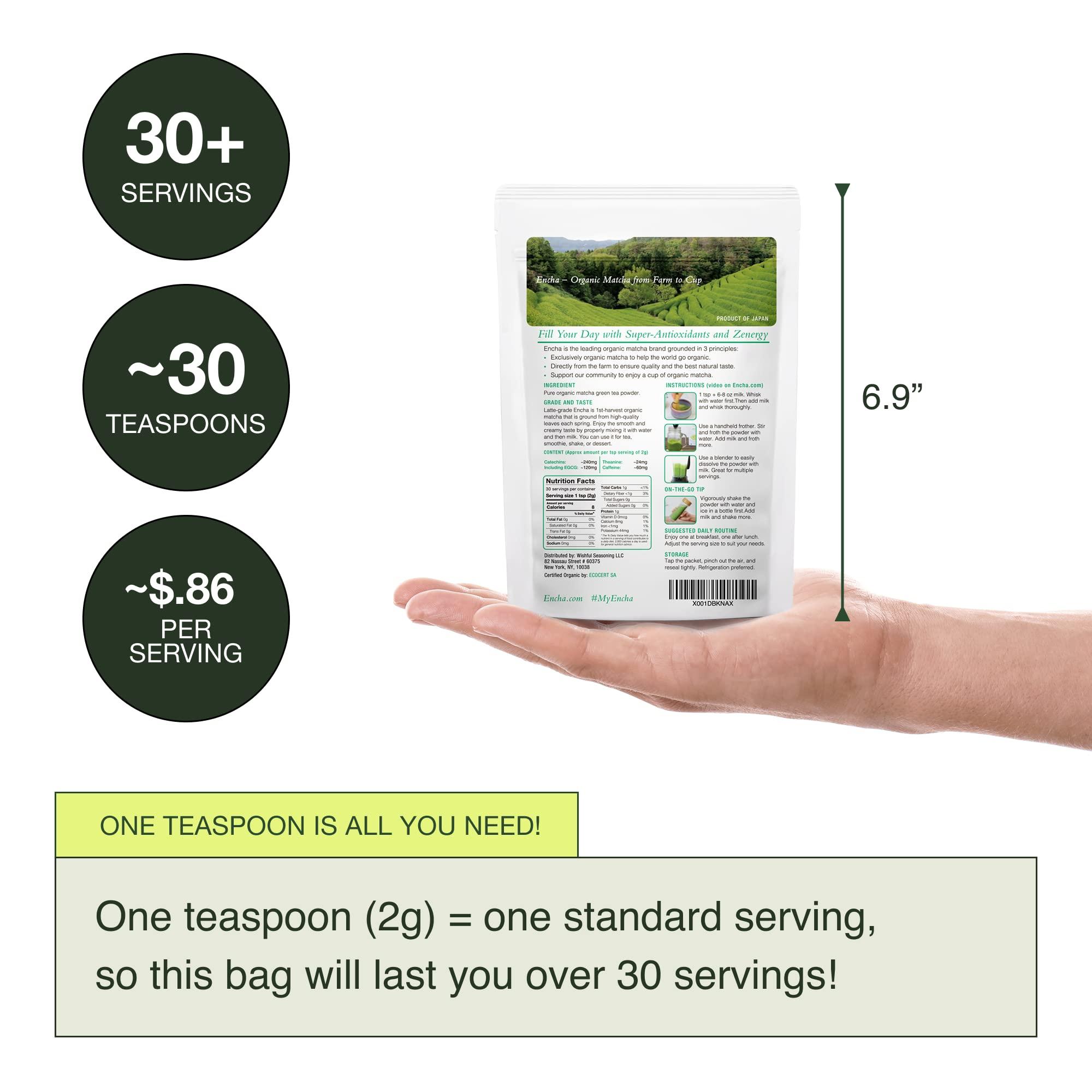 Encha Encha Latte Grade Matcha Powder - Unsweetened, First Harvest, Organic Matcha Green Tea Powder From Uji, Japan (60g/2.12 Ounce) Premium Powder for matcha latte, smoothie | Caffeine, L-Theanine