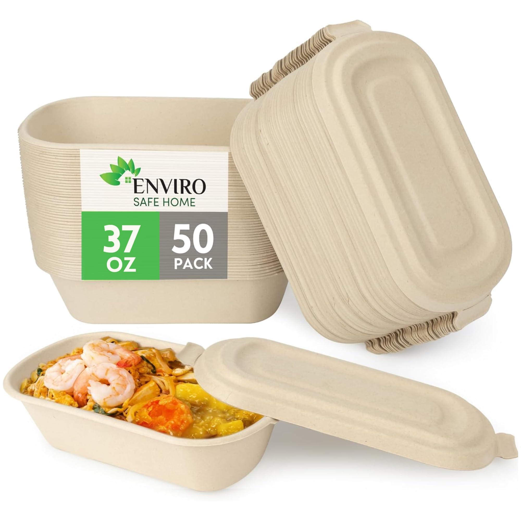 Enviro Safe Home 37 Oz Bamboo Disposable Food Containers, 50 Pack - Heavy Duty, Microwavable, Oven Safe - Perfect For Meal Prep, Salads, Lunch, To Go Food - Biodegradable (Brown)