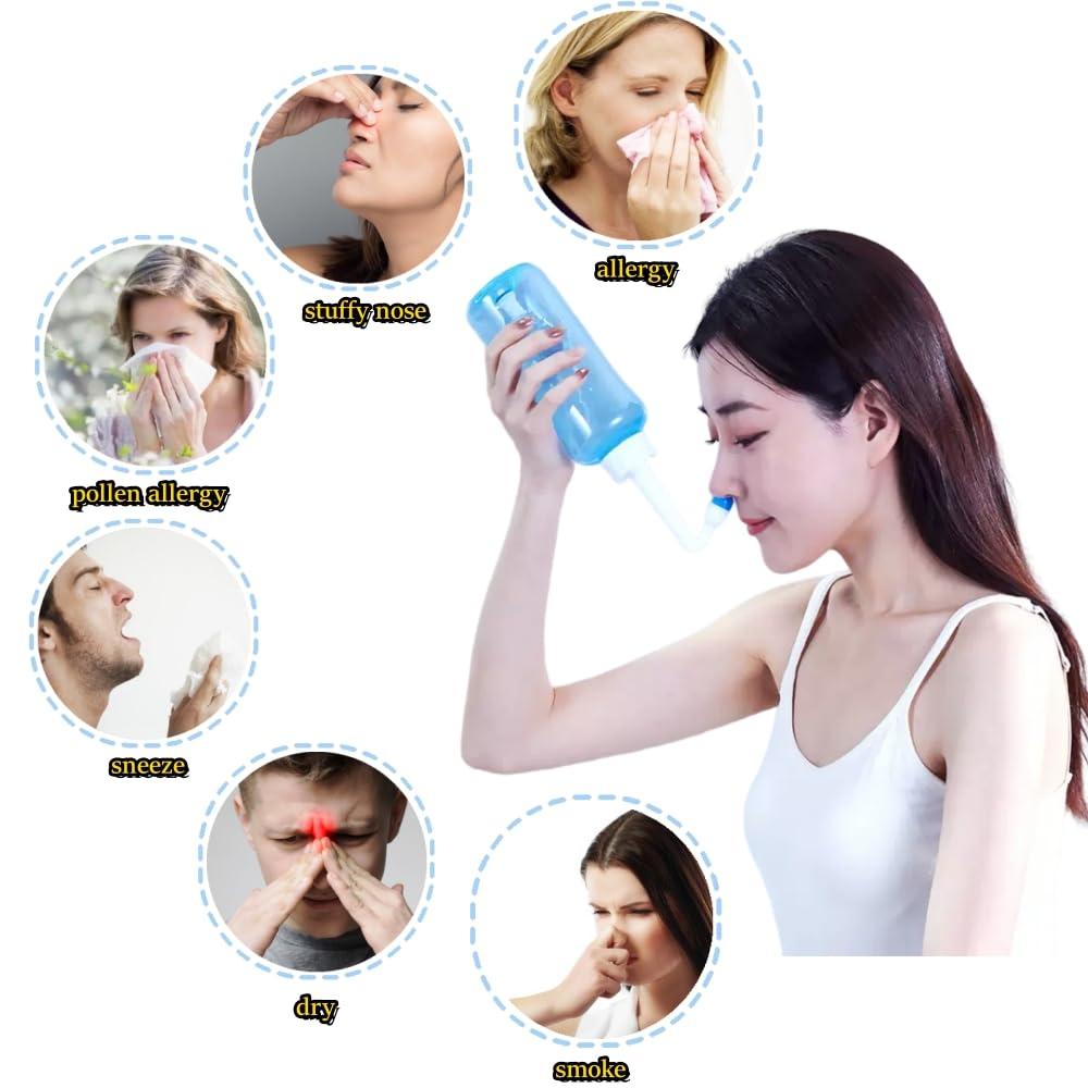 SIQITECHNO Neti Pot 300ml Automatic Sinus Rinse Bottle With 2 Style Nozzles Pressure Rinse Nasal Irrigation Portable Nasal Cleaner for Sinus & Allergy Relief Nasal Rinse Kit For Adult and Kid Nasal Care BPA Free