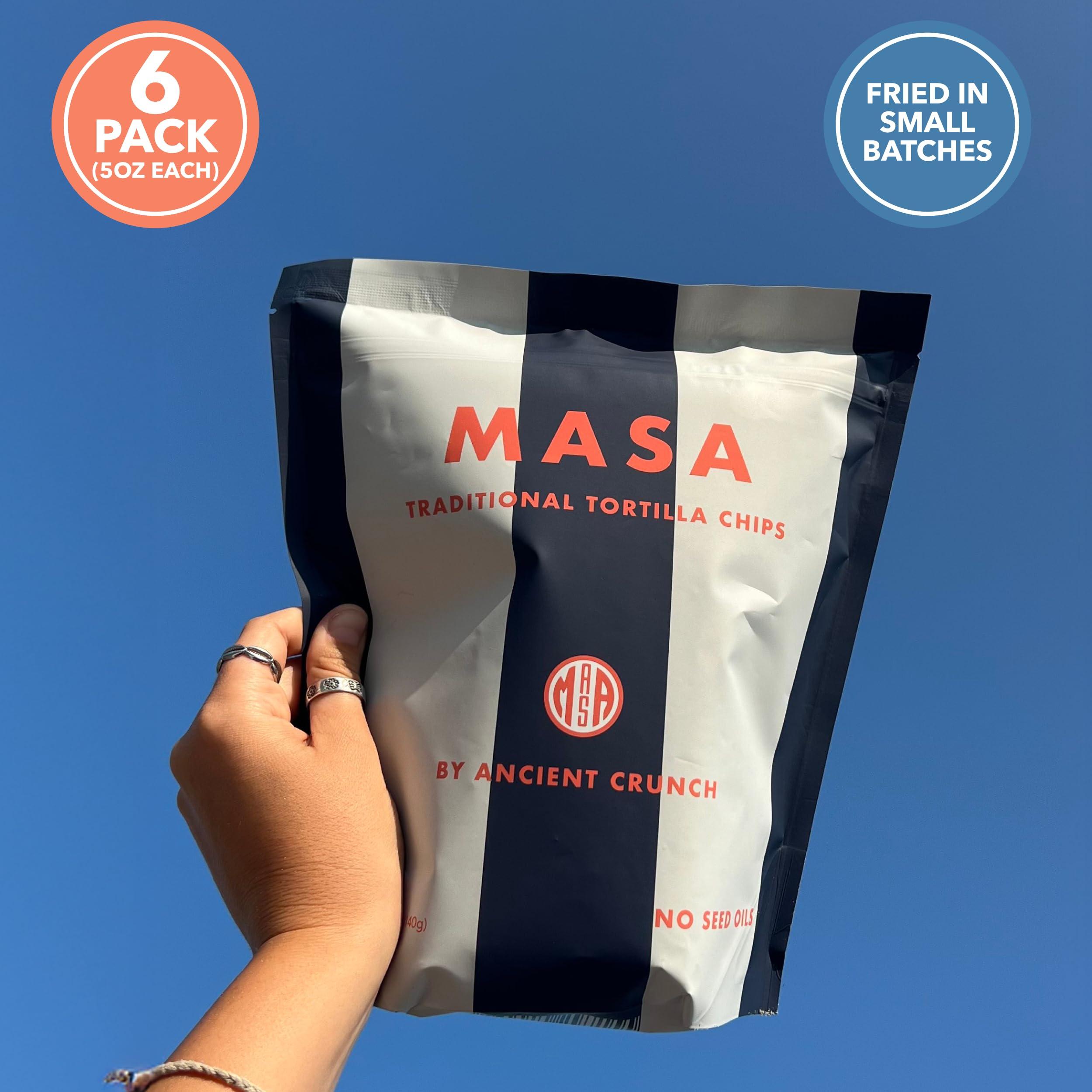 Ancient Crunch MASA Chips Blue Corn Tortilla Chips - Naturally Grown Blue Corn with Grass Fed Tallow and Sea Salt Tortilla Chips - No Seed-Oil Snacks - 6 Pack, 5 Ounce Each