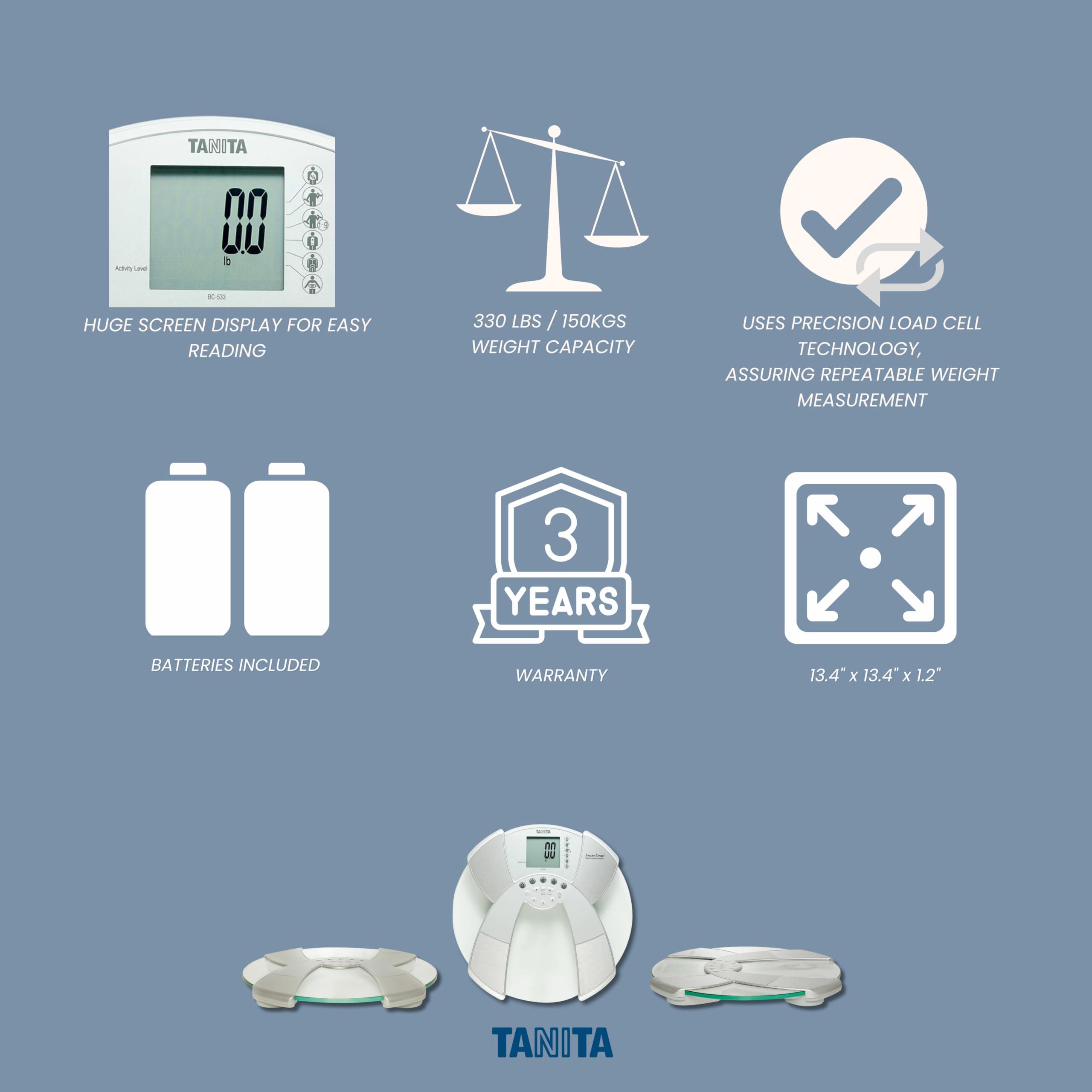 TANITA Tanita BC-533 Digital Bathroom Scale - Japan Technology Clear Glass Smart Innerscan Body Composition Monitor, Measures Weight, Body Fat, Muscle Mass, BMI, Bone Mass, Visceral Fat - FSA/HSA Eligible