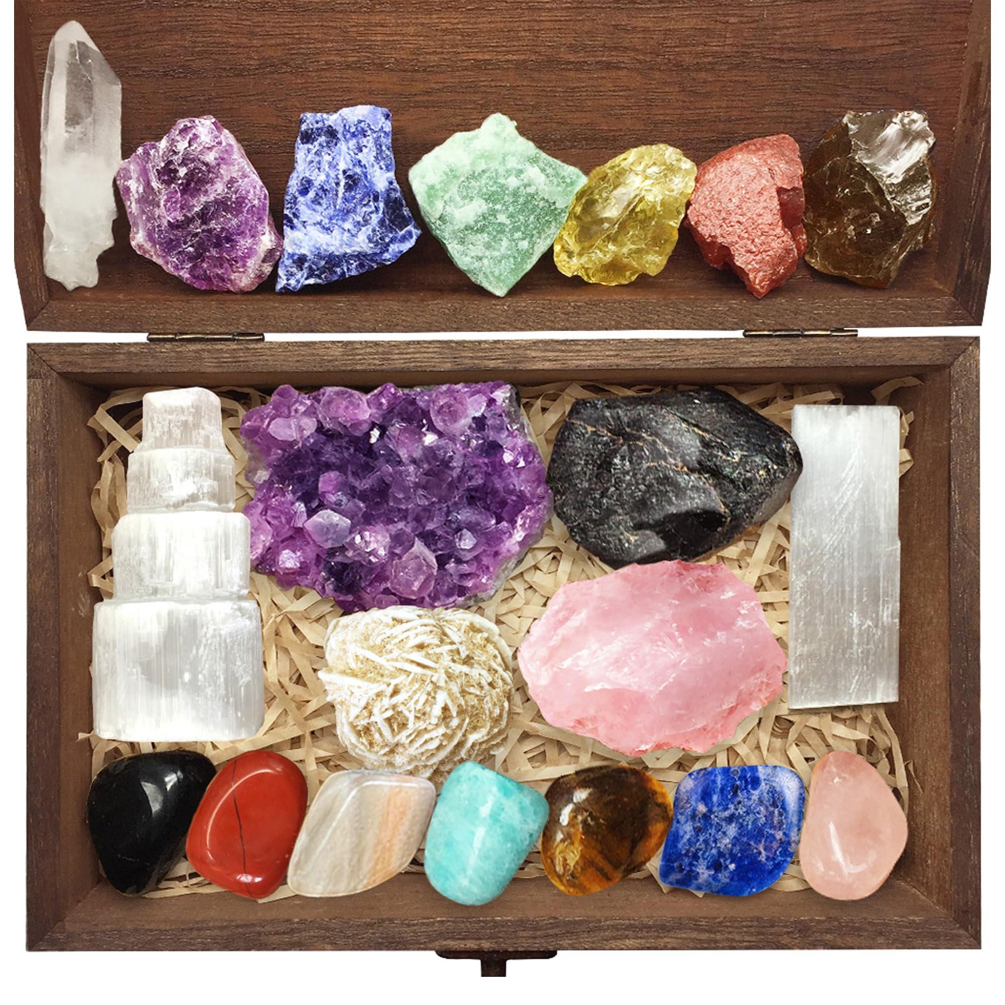Aovila Premium Crystals and Healing Stones Set in Wooden Box Healing Crystals Set for Beginners - Chakra Stones Raw Crystals and Stones Amethyst Cluster Rose Quartz e-Book Healing Crystal Gifts for Women
