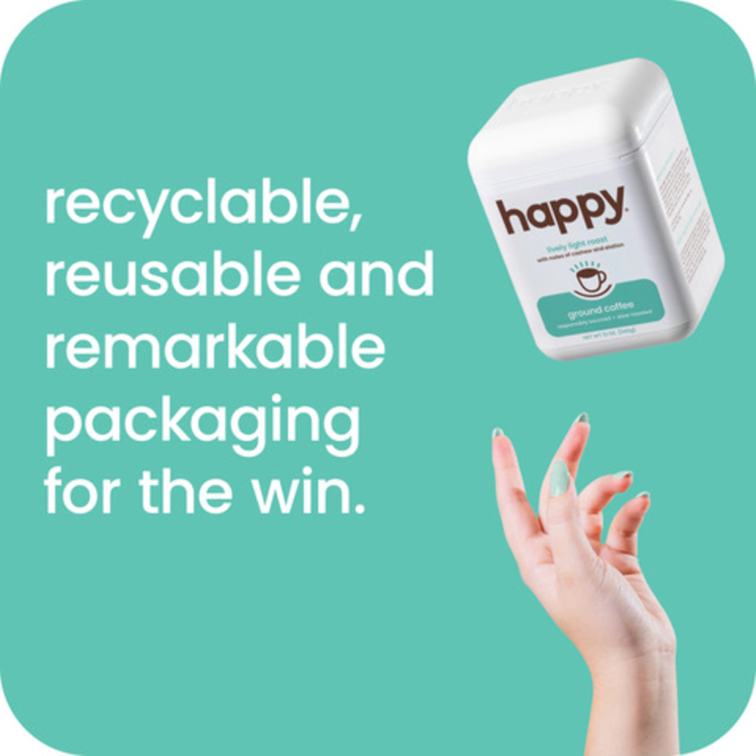 We Are Happy, LLC happy coffee light roast ground coffee, 12 oz., notes of cashew & elation, recyclable container, grown & harvested in Colombia, Brazil & Guatemala