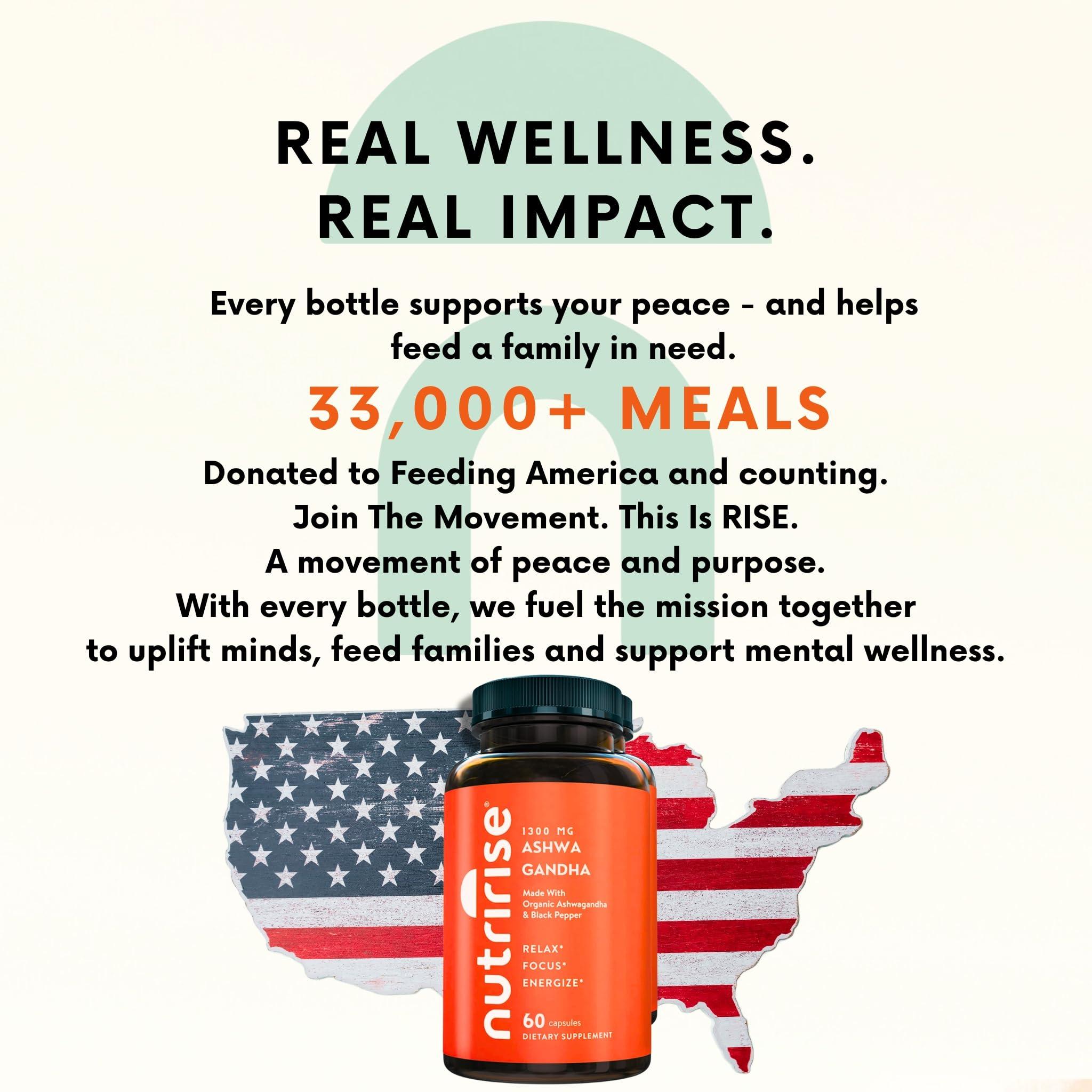 NutriRise NutriRise Organic Ashwagandha Root Capsules with Black Pepper, 1300mg, Natural Stress & Mood, Thyroid & Immune Support Supplement, Clarity, Focus & Energy, Gluten Free, 60 Count