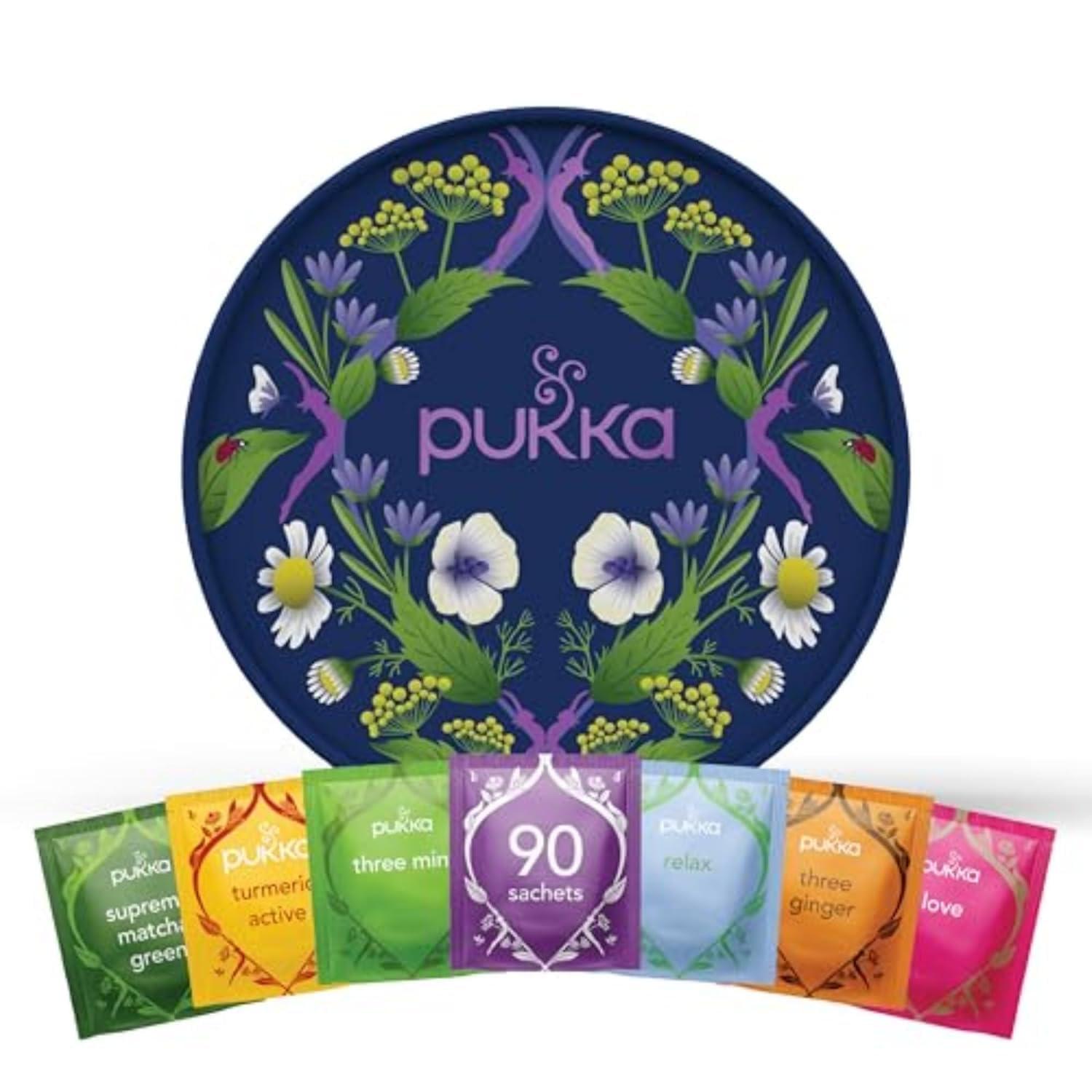 Pukka Pukka Tea Organic, Herbal Tea Sampler For Everyday Wellness, Best for Birthdays, Anniversaries & Holidays, Caffeine Free, 90 Bags, 6 Flavors