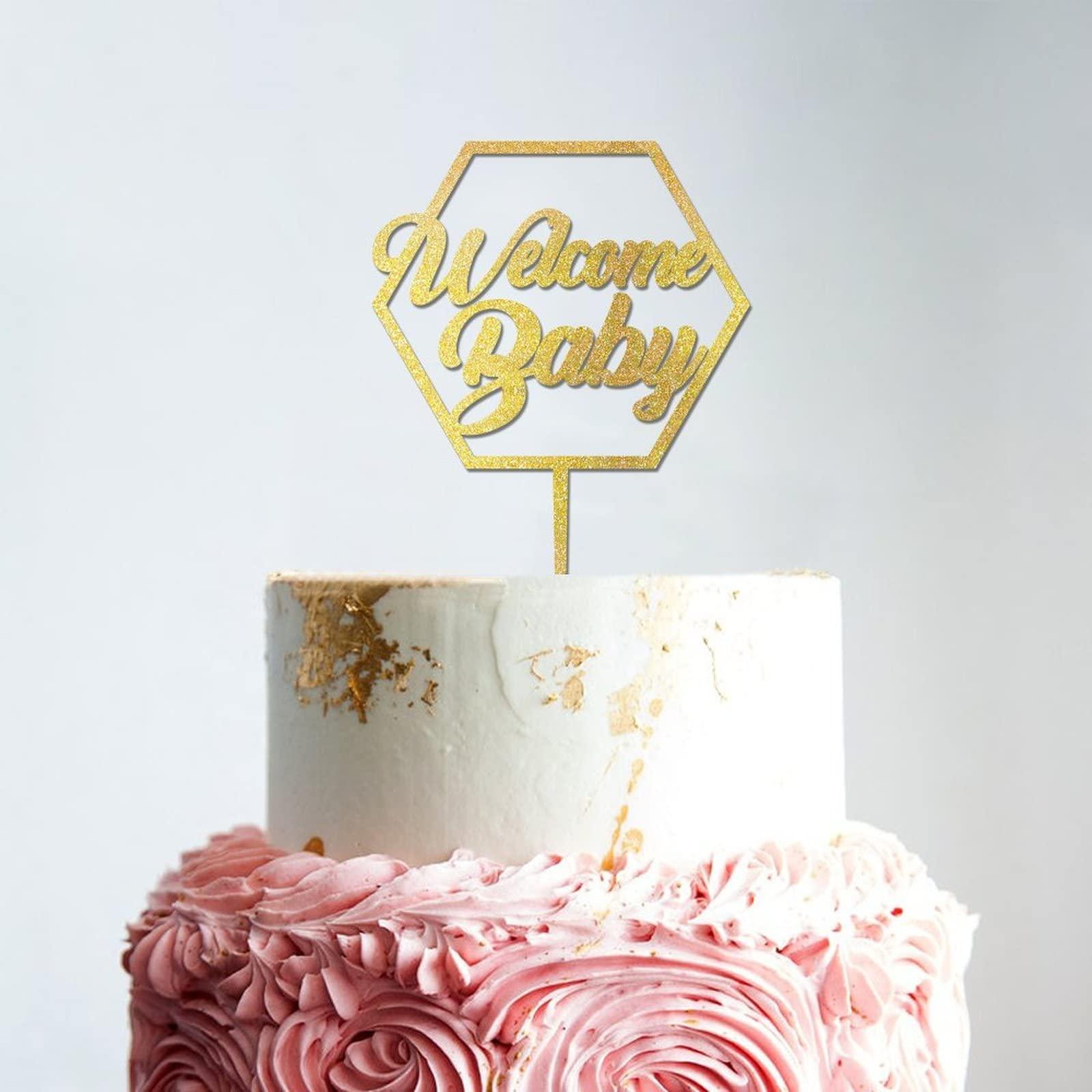 LetusZhogo Custom Welcome Baby Cake Topper Golden Glitter Baby Shower Cake Topper Girl Baby Shower Party Decoration Baby Boy Shower Cake Topper