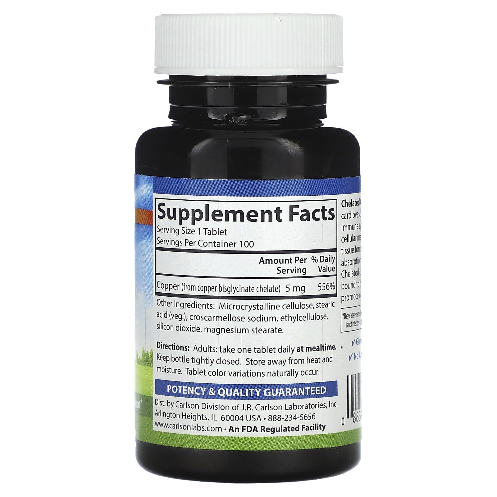 Carlson Carlson - Chelated Copper, 5 mg, Superior Absorption, Cardiovascular Health, Nerve Function & Immune Support, 100 Tablets