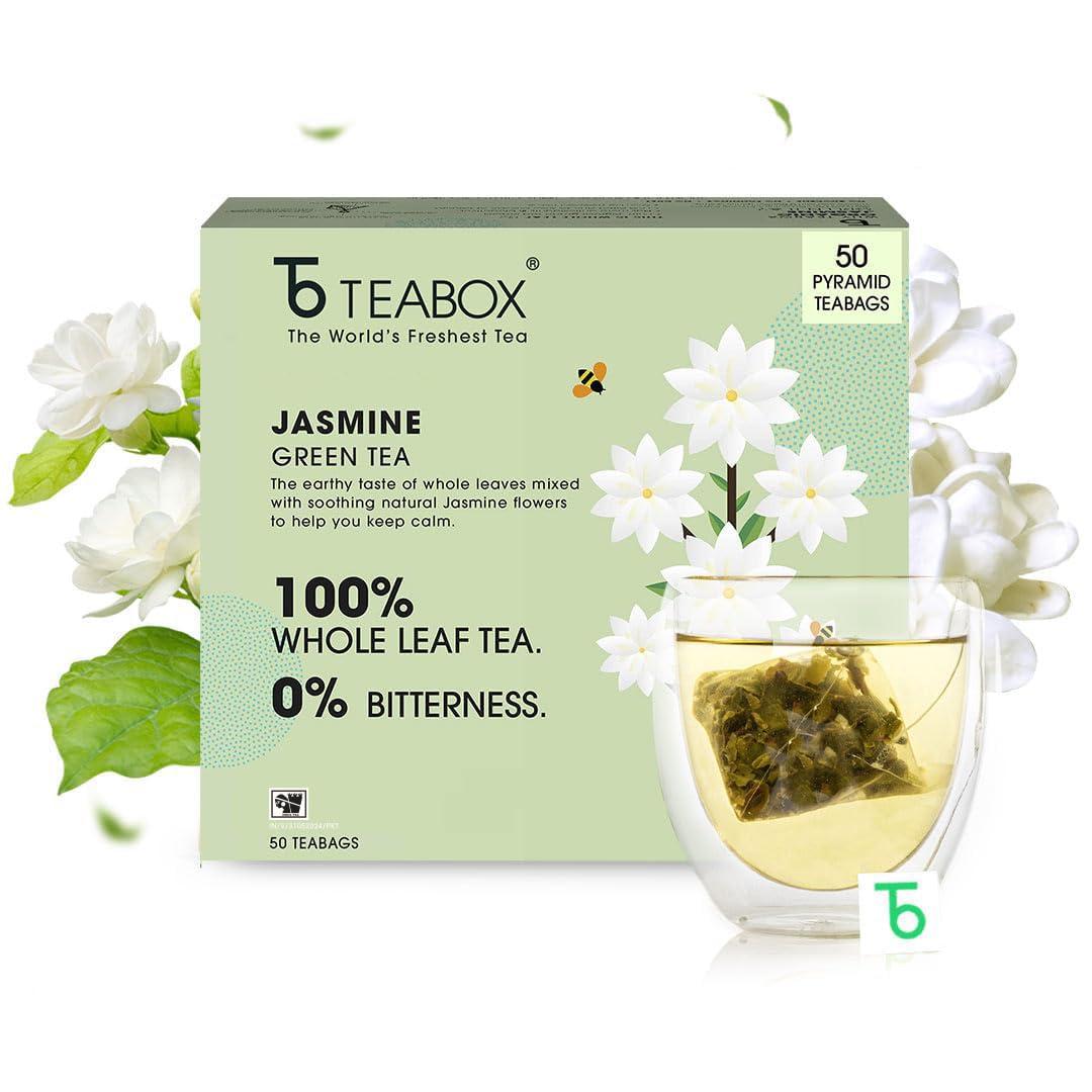 Teabox Teabox Premium ORGANIC Green Tea With Jasmine Flowers And Natural Flavours | 100% Whole Leaf Green Tea From The Himalayas | USDA ORGANIC (50 Count (Pack of 1))