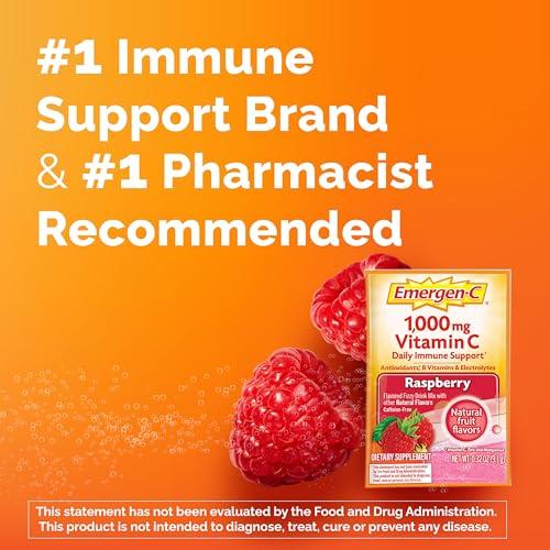 Emergen-C Emergen-C 1000mg Vitamin C Powder, with Antioxidants, B Vitamins and Electrolytes, Vitamin C Supplements for Immune Support, Caffeine Free Drink Mix, Raspberry Flavor - 60 Count/2 Month Supply