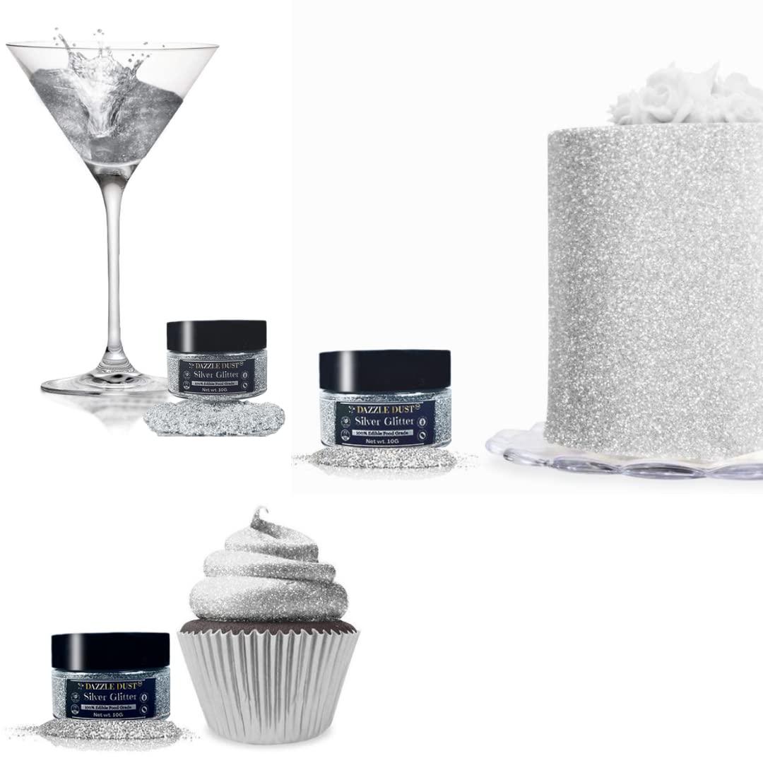 DAZZLE DUST (BULK10g) Silver Edible Glitter For Drinks, Silver Luster Dust Edible Glitter For Cakes, Silver Sprinkles For Cake Decorating, Edible Cake Decorations Drink Glitter 100% Food Safe, Vegan, Gluten Free