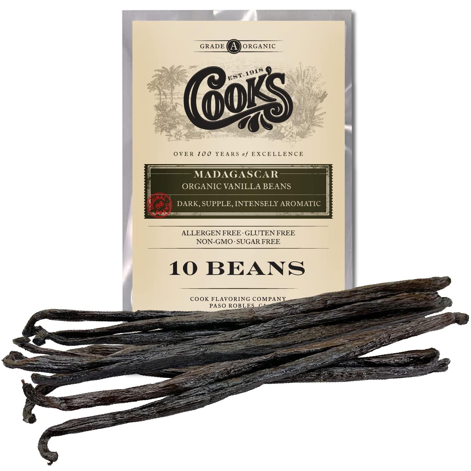 COOK'S 10 Organic Madagascar Whole Vanilla Beans, Grade A Vanilla Pods, Premium Vanilla Beans for Making Extract & Baking - Cooks