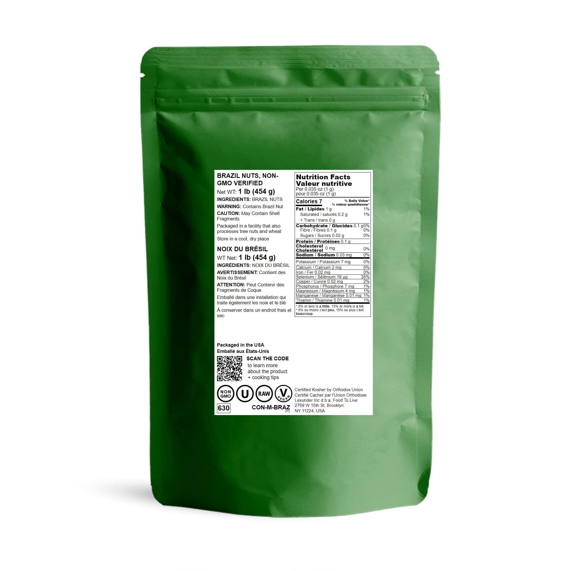 Food to Live Food to Live - Brazil Nuts, 1 Pound Non-GMO Verified, Raw, Whole, No Shell, Unsalted, Kosher, Vegan, Keto and Paleo Friendly, Bulk, Good Source of Selenium, Low Sodium and Low Carb Food.