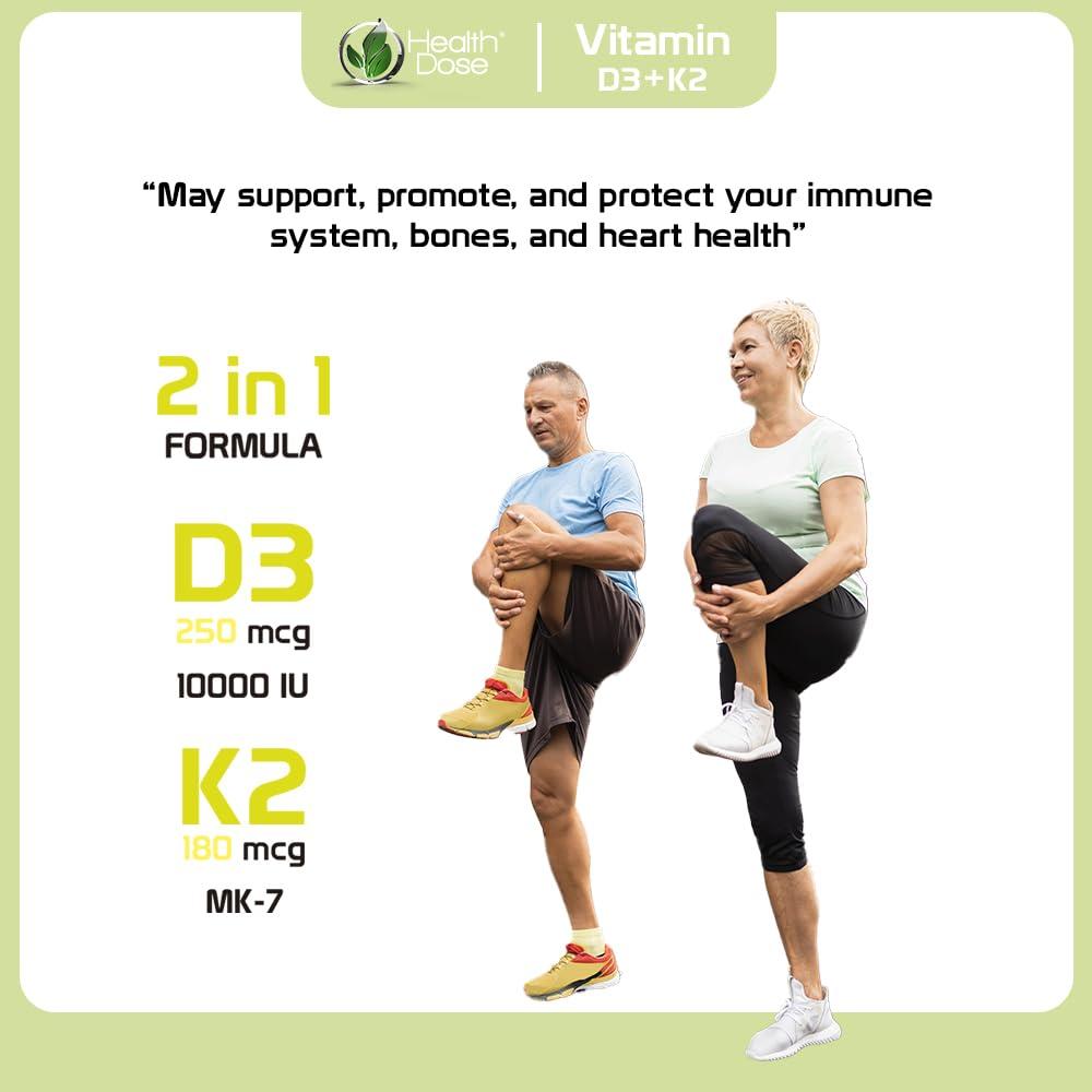 Health Dose Health Dose Vitamin D3 10,000 IU + K2 (MK7) Supplement, 2-in-1 Formula, Immune Support, a Healthy Mood, Heart, Joint, Teeth, Bone Health, Calcium Absorption, 180 softgels. (2)