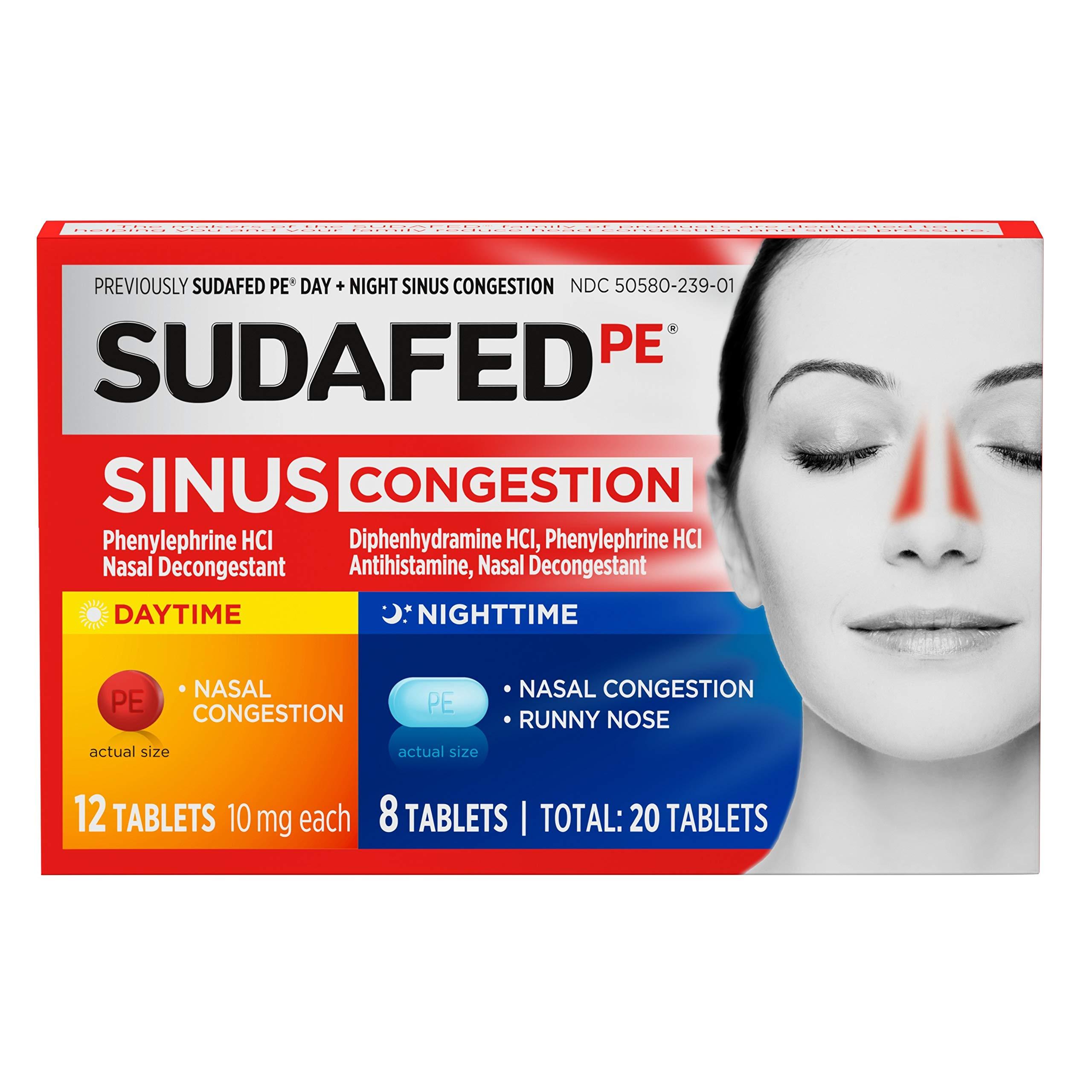 Sudafed Sudafed PE Sinus Congestion Maximum Strength Non-Drowsy Decongestant Tablets, 36 ct & PE Day and Night Sinus Pressure & Congestion Tablets, 20 Count