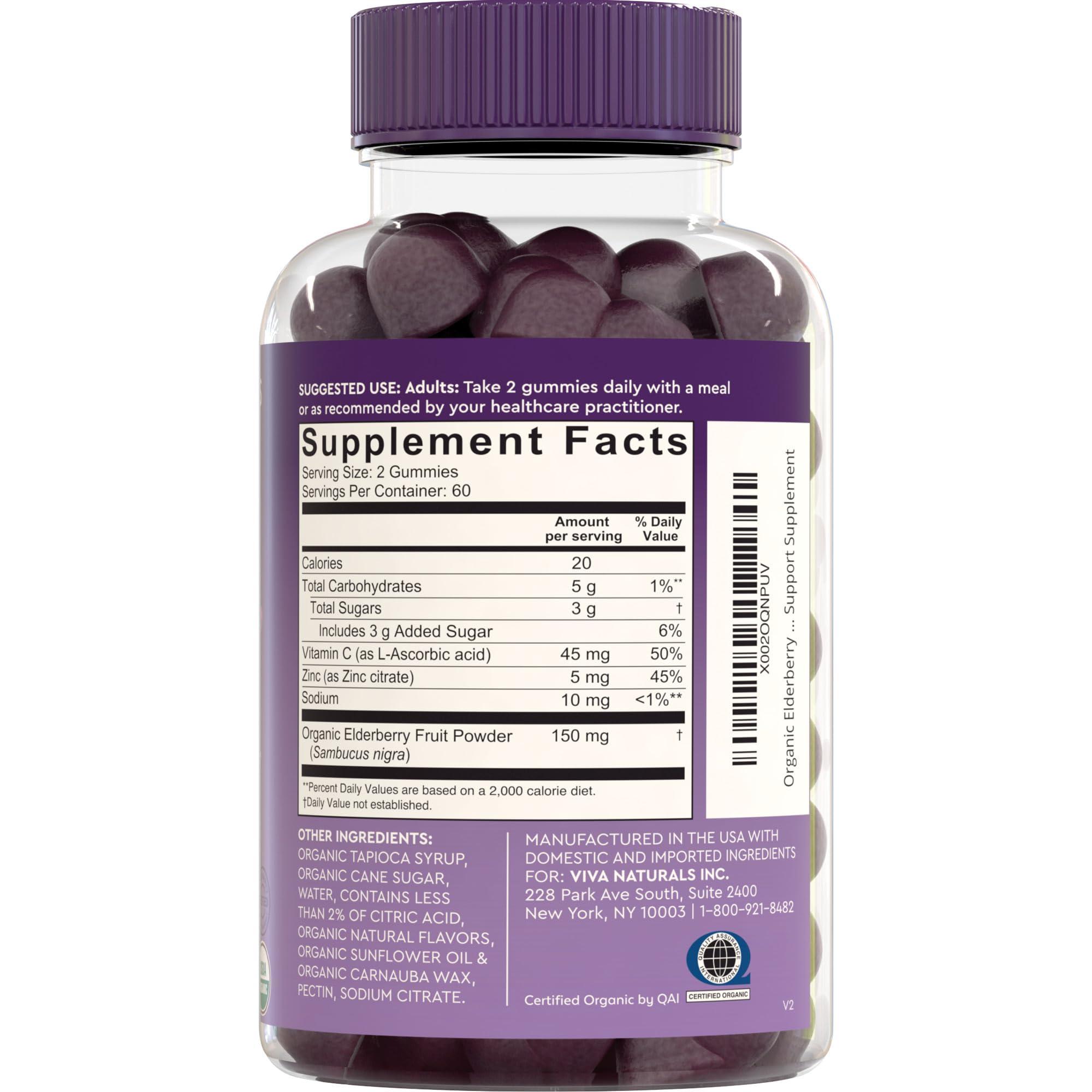 Viva Naturals Organic Sambucus Elderberry Gummies with Zinc and Vitamin C (120 Count) - 3 in 1 Black Elderberry Gummies for Adults Immune Support, Chewable Elderberry Supplements, Immunity Gummies