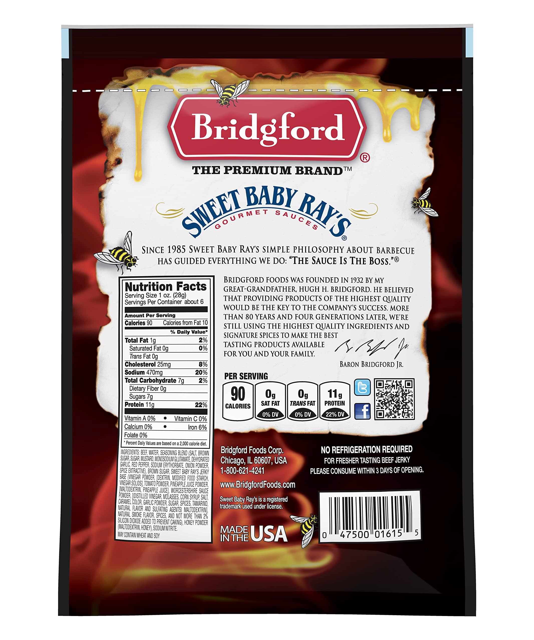 Bridgford Bridgford Sweet Baby Rays Beef Jerky Honey BBQ 6.2 oz Pack of 2 - High Protein Jerky for Midday Energy Boost or Post Workout Snack - Naturally Smoked Ready to Eat Meat Snacks for On the Go Snacking