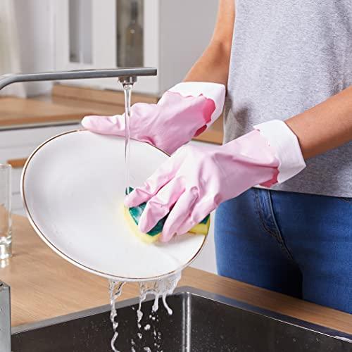 Forcom Reusable Household Cleaning Gloves, PVC Kitchen Gloves, Flocked Lining, Latex Free Dish Gloves, Non-Slip, 2 Pairs (Pink, Small)