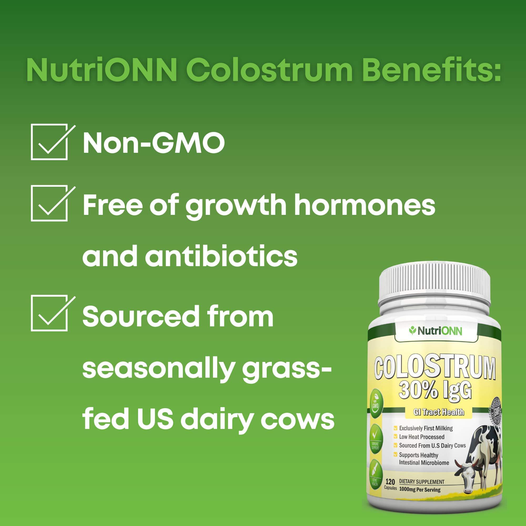 NutriONN Colostrum - 1000mg - 120 Capsules - 30% IgG - Non-GMO US Dairy - First Milking Bovine Colostrum - Low Heat Processed - Great for GI Tract Health - Immune Support - Bone and Muscle Health